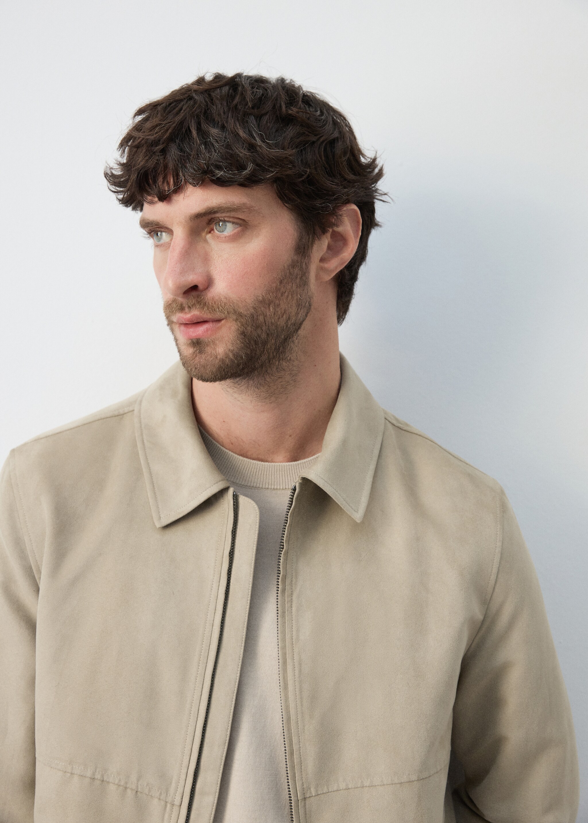 Suede effect jacket - Details of the article 1, Beige. Ref: 27065928-00.