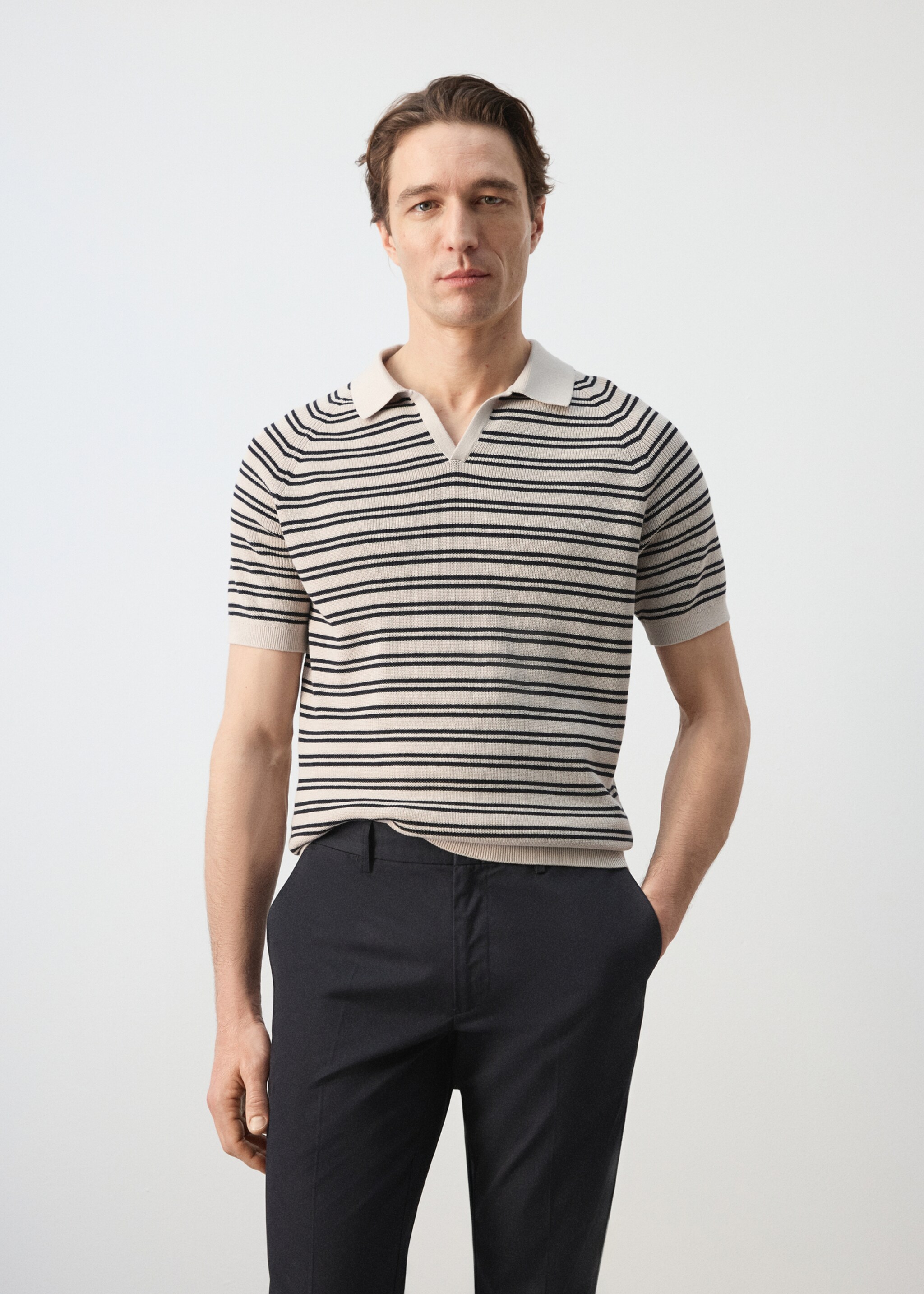Striped 100% cotton knit polo - Medium plane, Beige. Ref: 27065938-00.