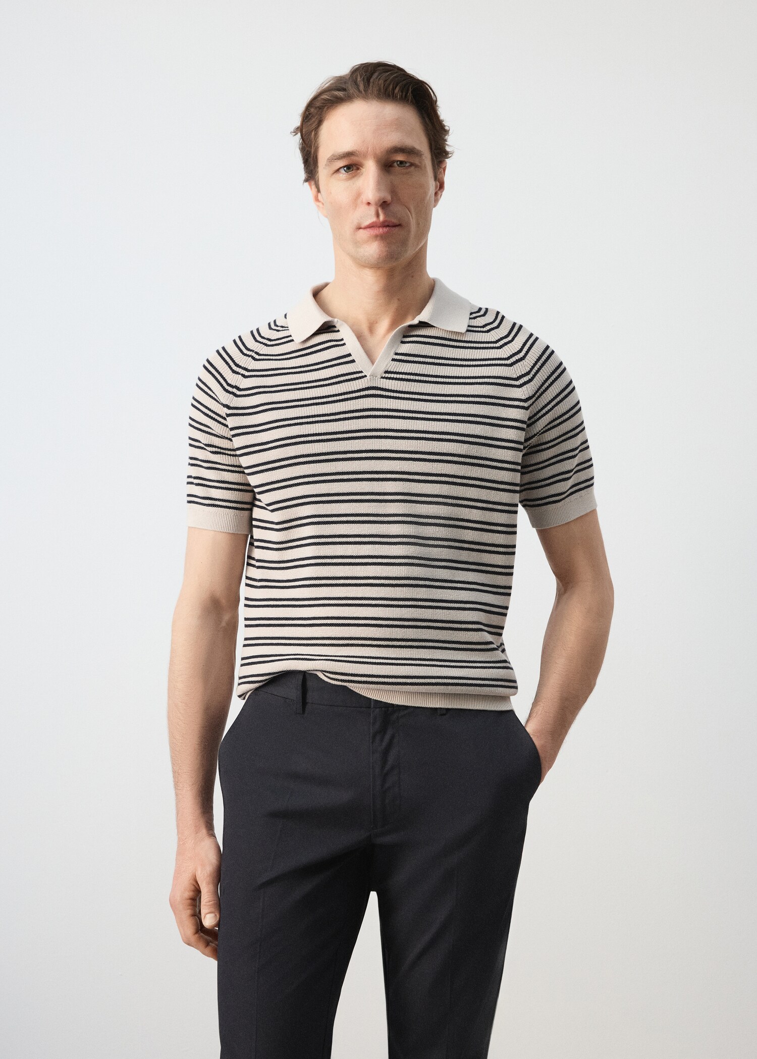 Striped 100% cotton knit polo - Medium plane