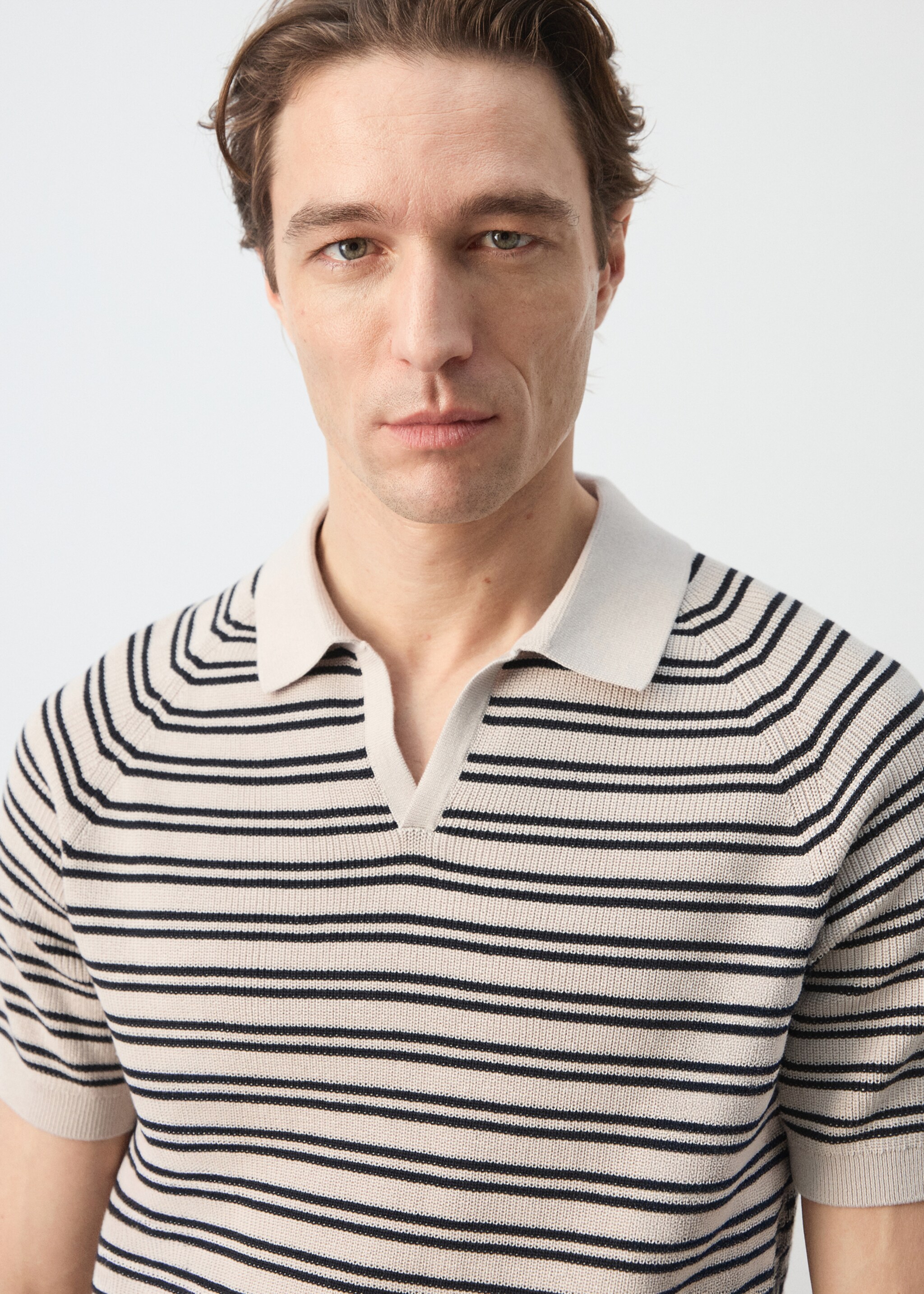 Striped 100% cotton knit polo - Details of the article 6, Beige. Ref: 27065938-00.