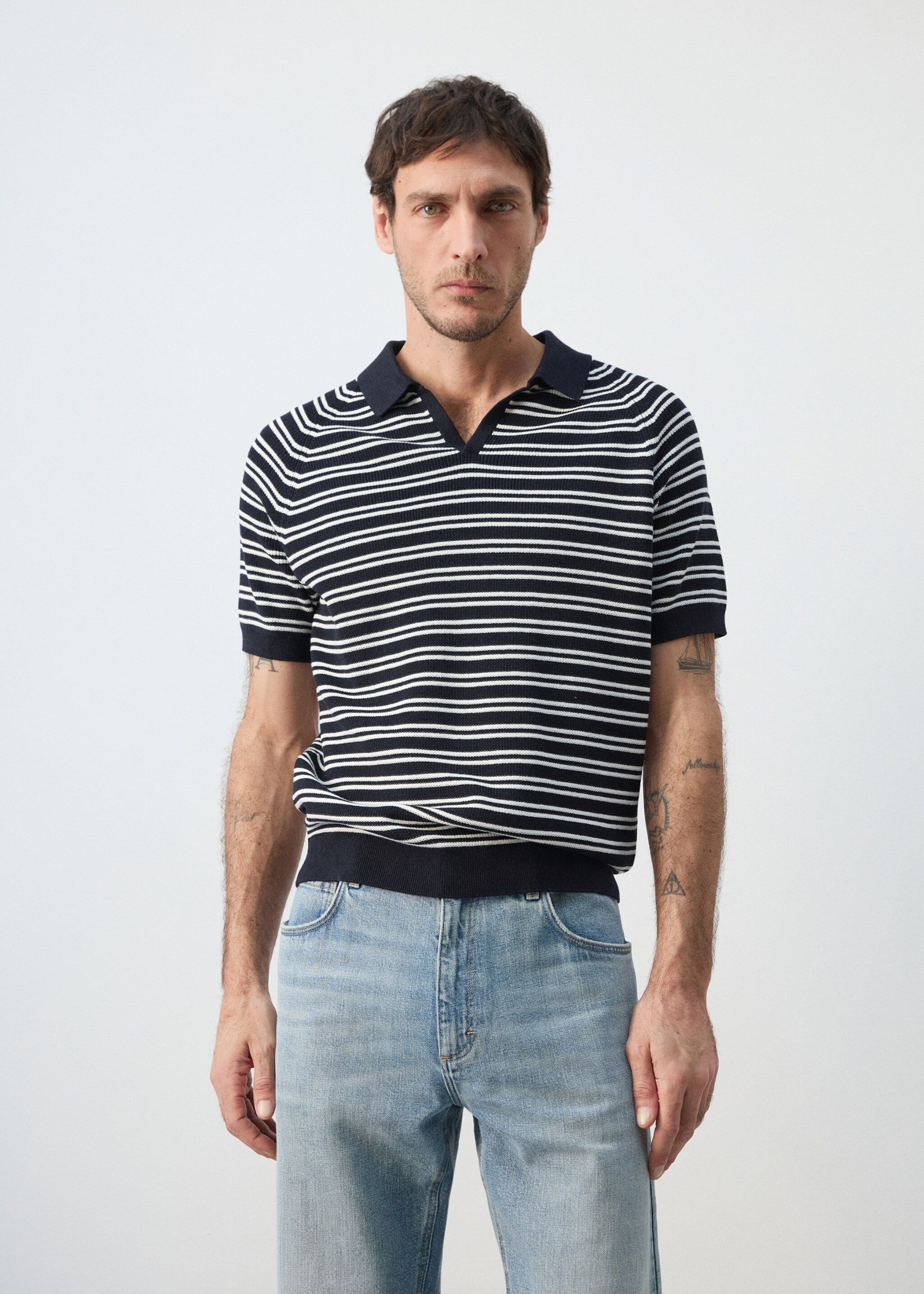 100% cotton striped jersey polo shirt - Medium plane, Navy. Ref: 27065938-00.