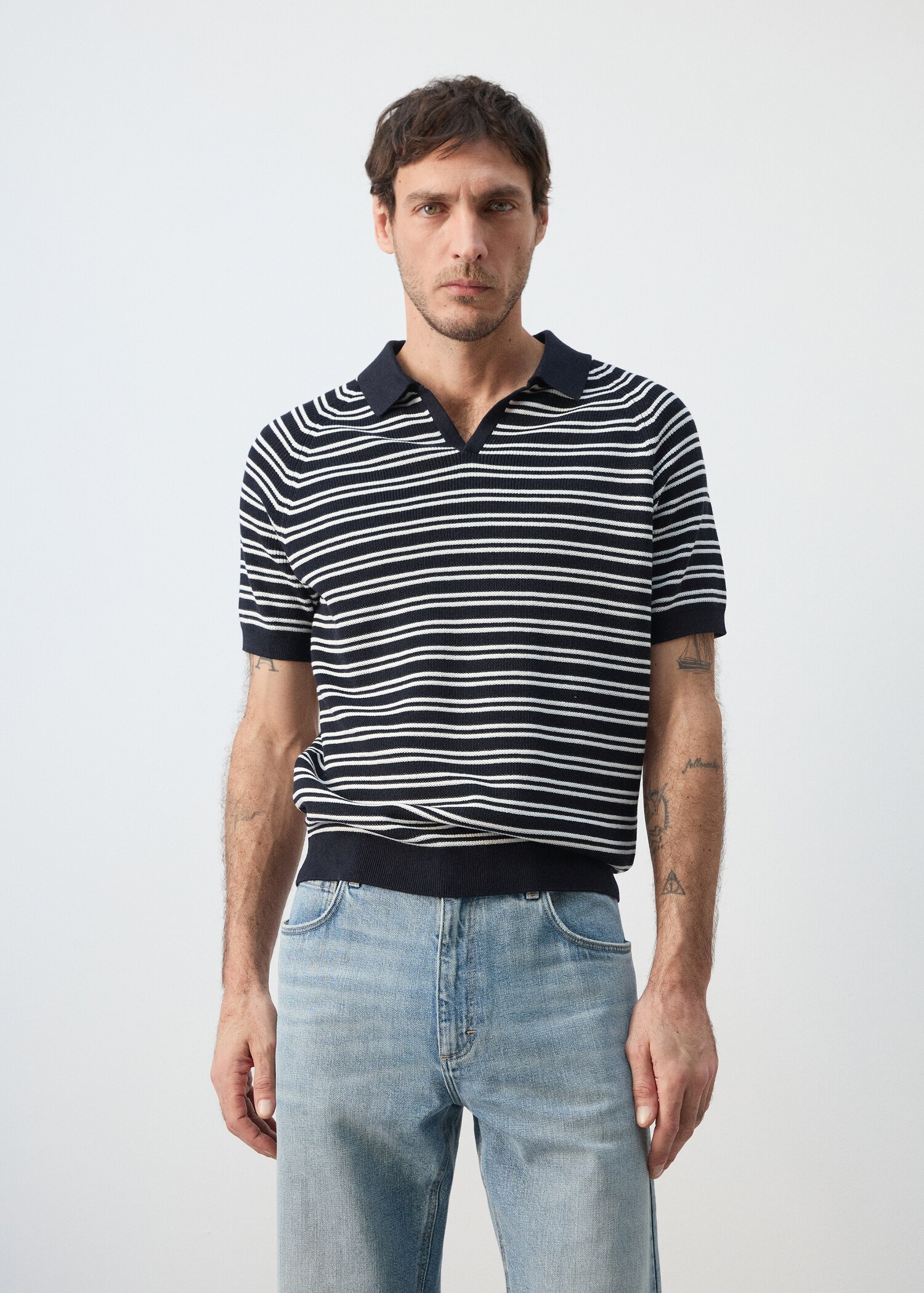Striped 100% cotton knit polo - Medium plane