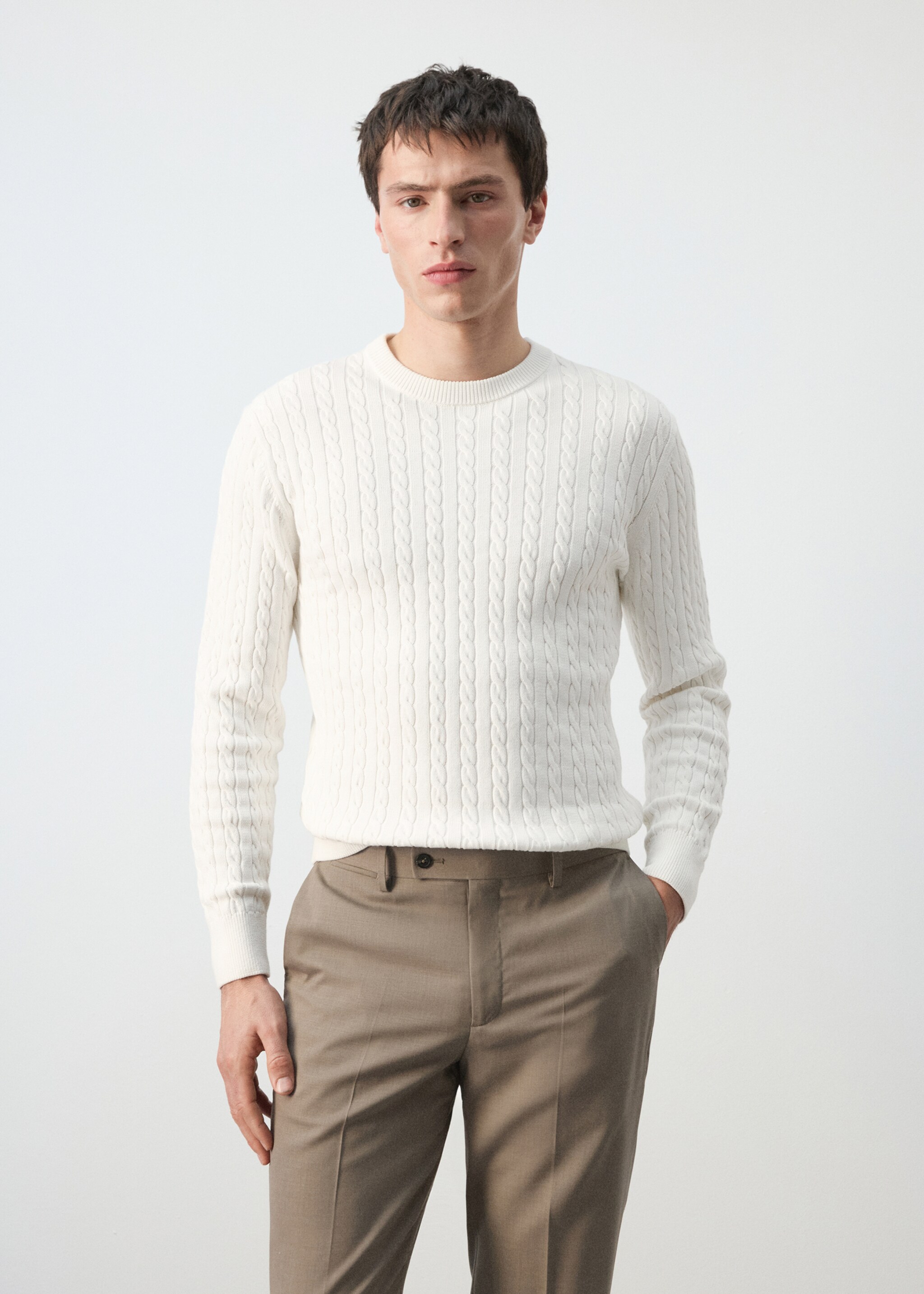 100% cotton cable knit sweater - Medium plane, Off White. Ref: 27065939-00.