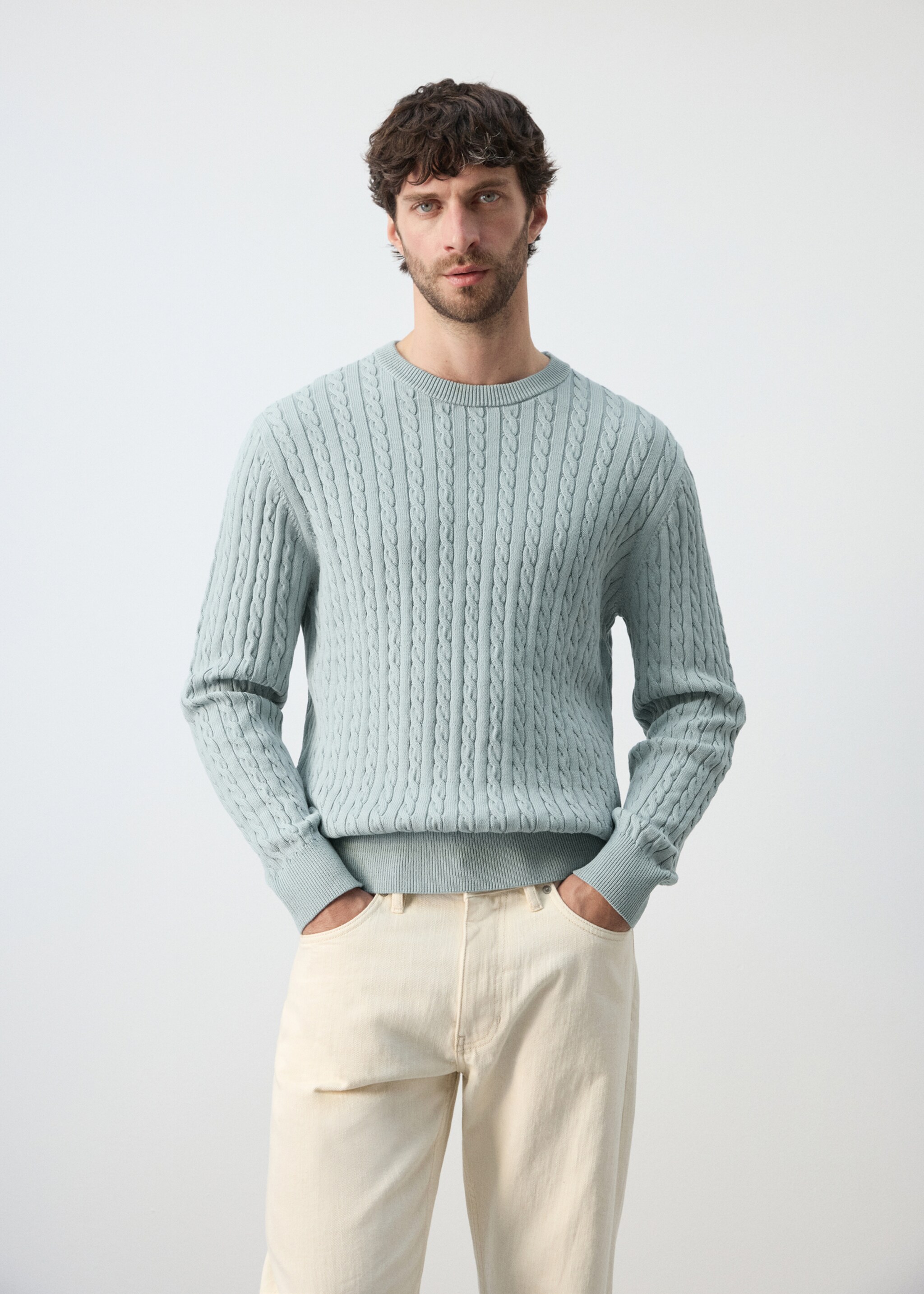 100% cotton cable knit sweater - Medium plane, Aqua Green. Ref: 27065939-00.