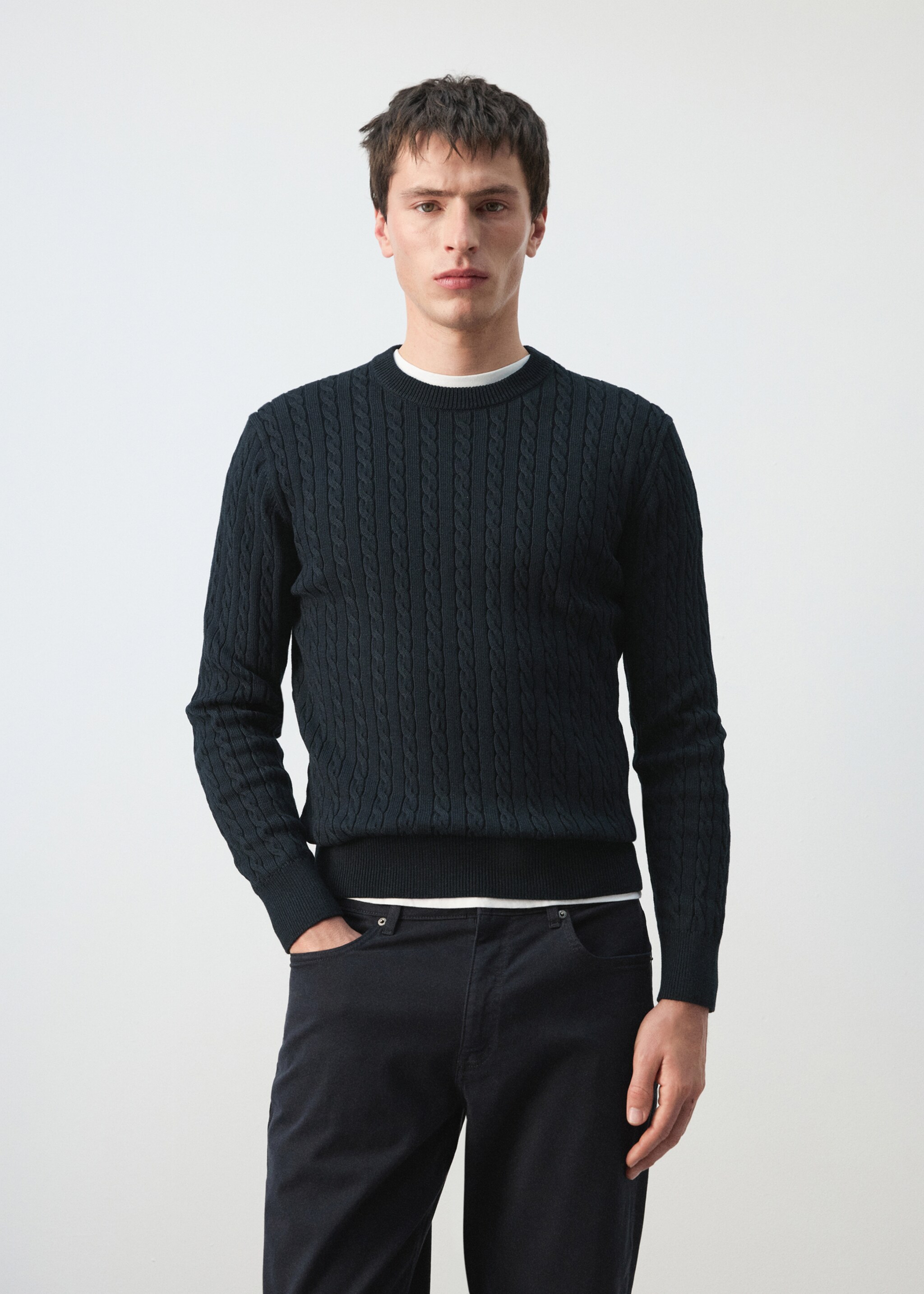 100% cotton cable knit sweater - Medium plane, Night Blue. Ref: 27065939-00.