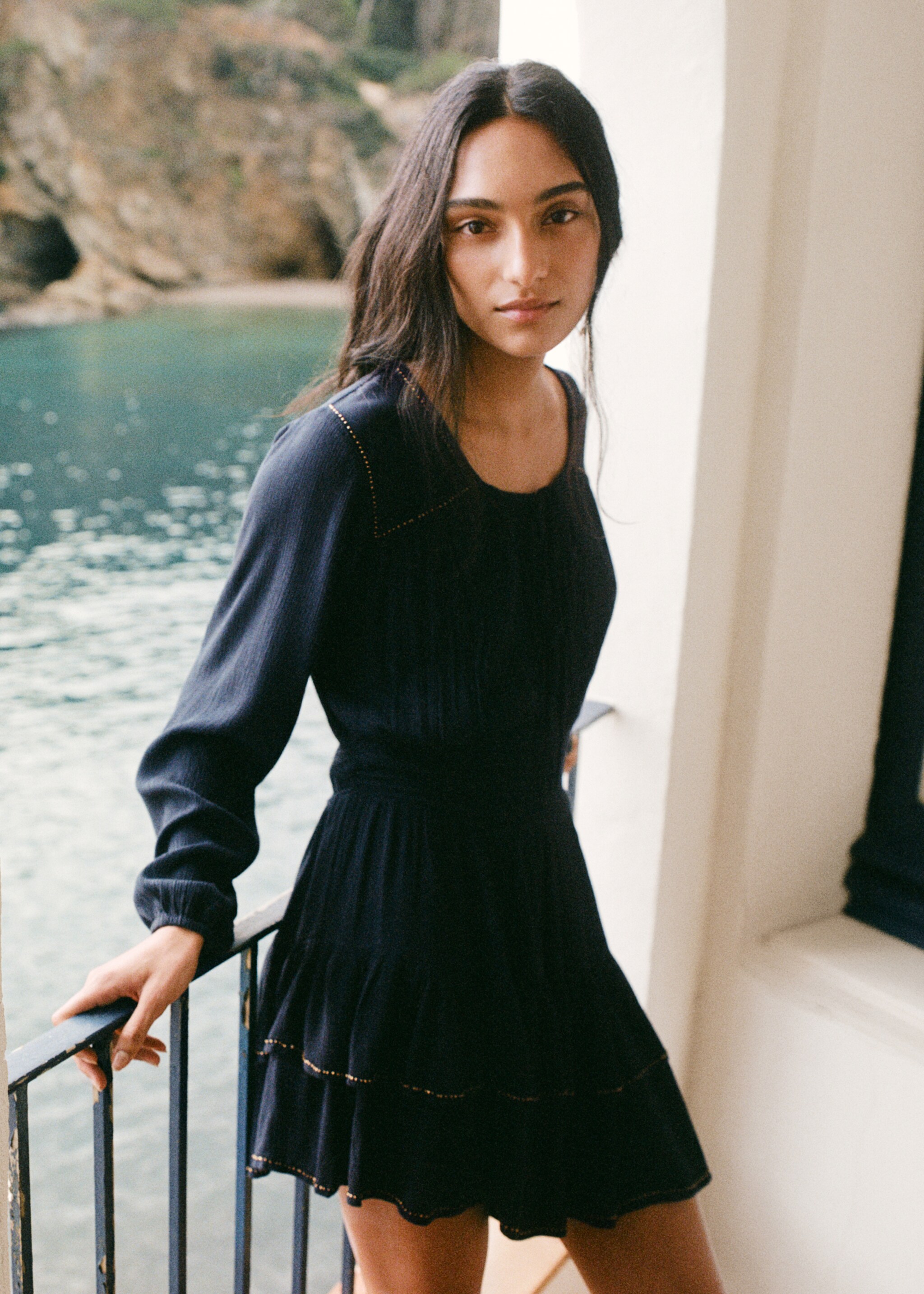 Short dress with bead detail - Details of the article 5, Blue. Ref: 27065957-00.