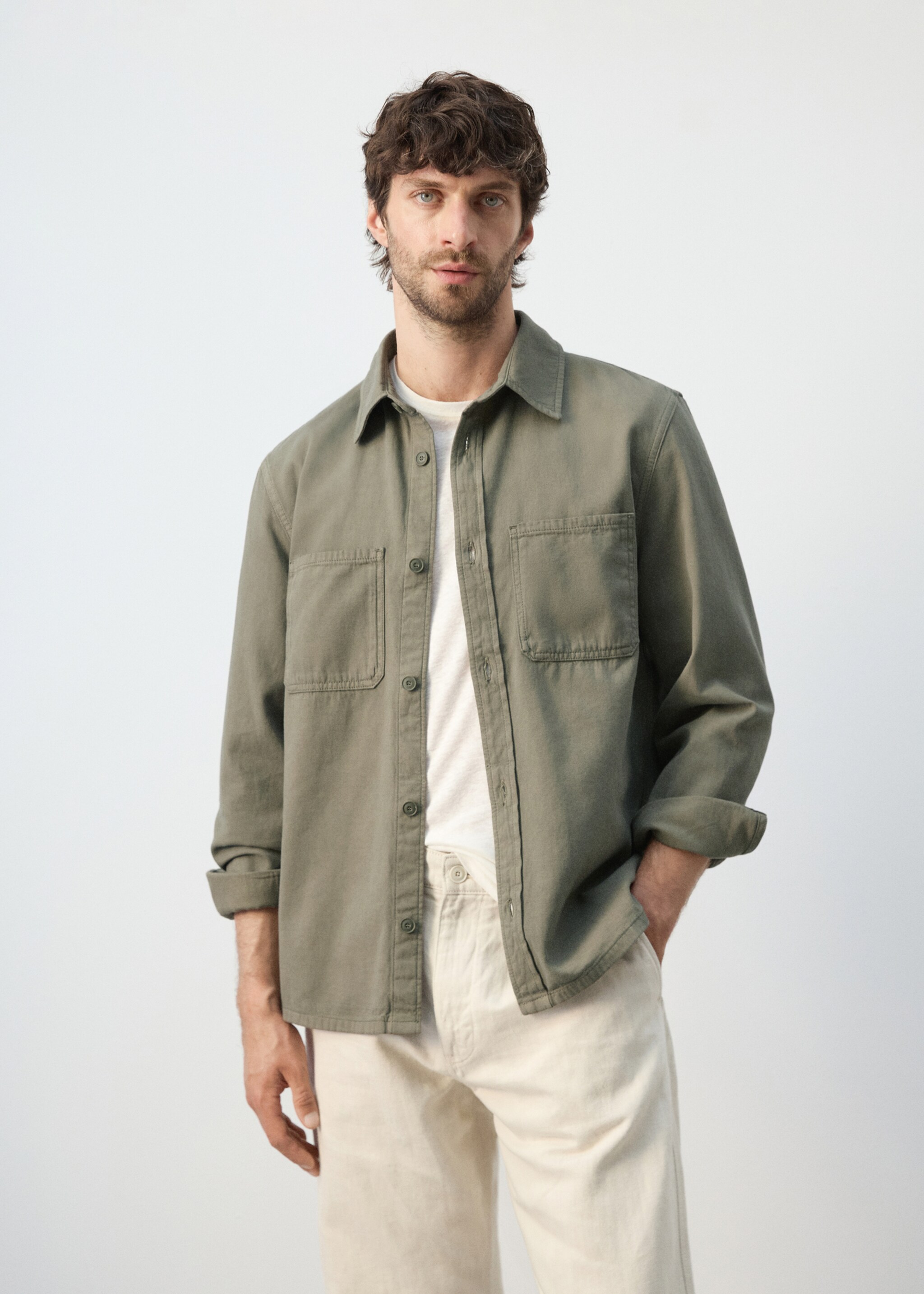 100% cotton overshirt with pockets - Medium plane, Khaki. Ref: 27065968-00.