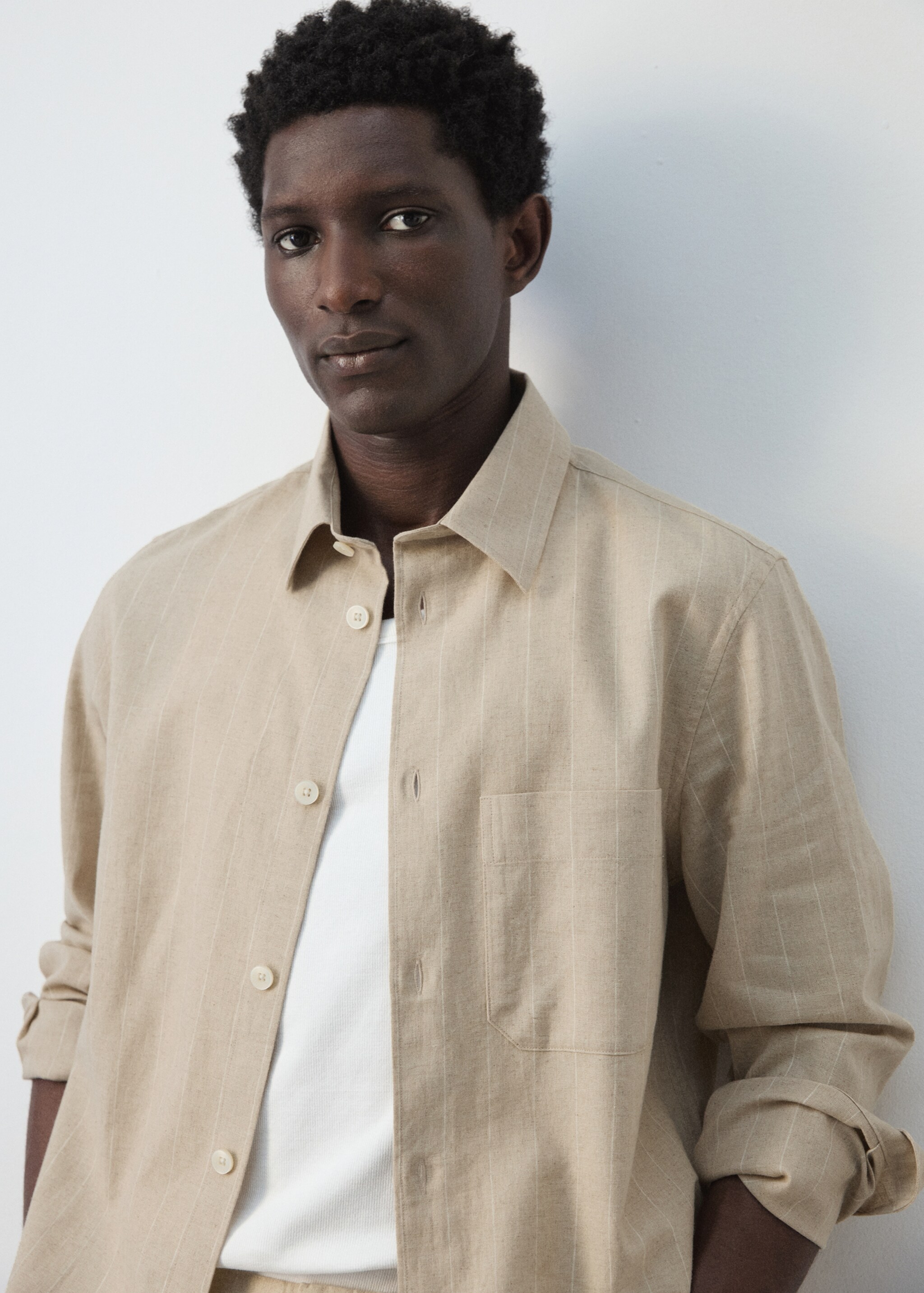 Linen and cotton blend stripe shirt - Details of the article 1, Beige. Ref: 27066710-00.