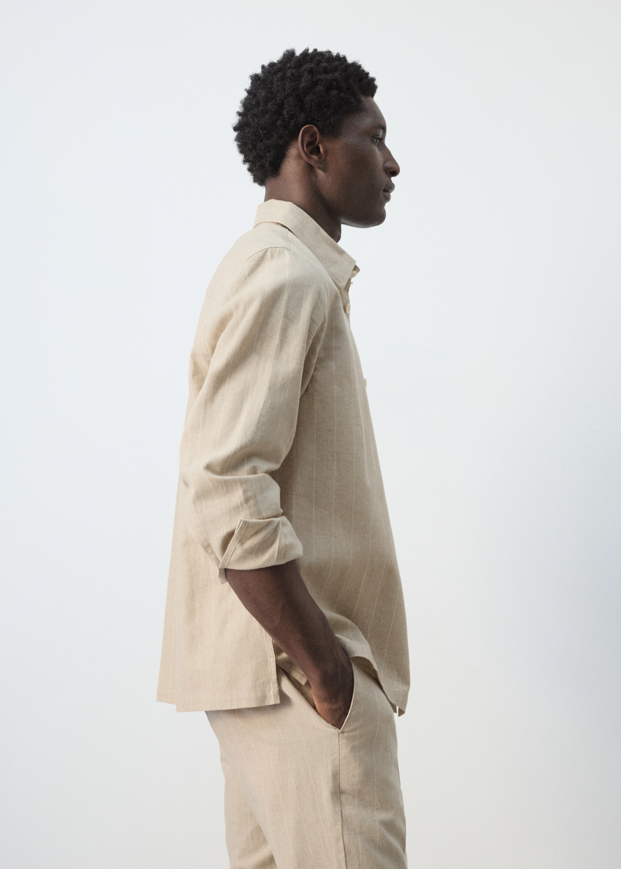 Linen and cotton blend stripe shirt - Details of the article 2, Beige. Ref: 27066710-00.