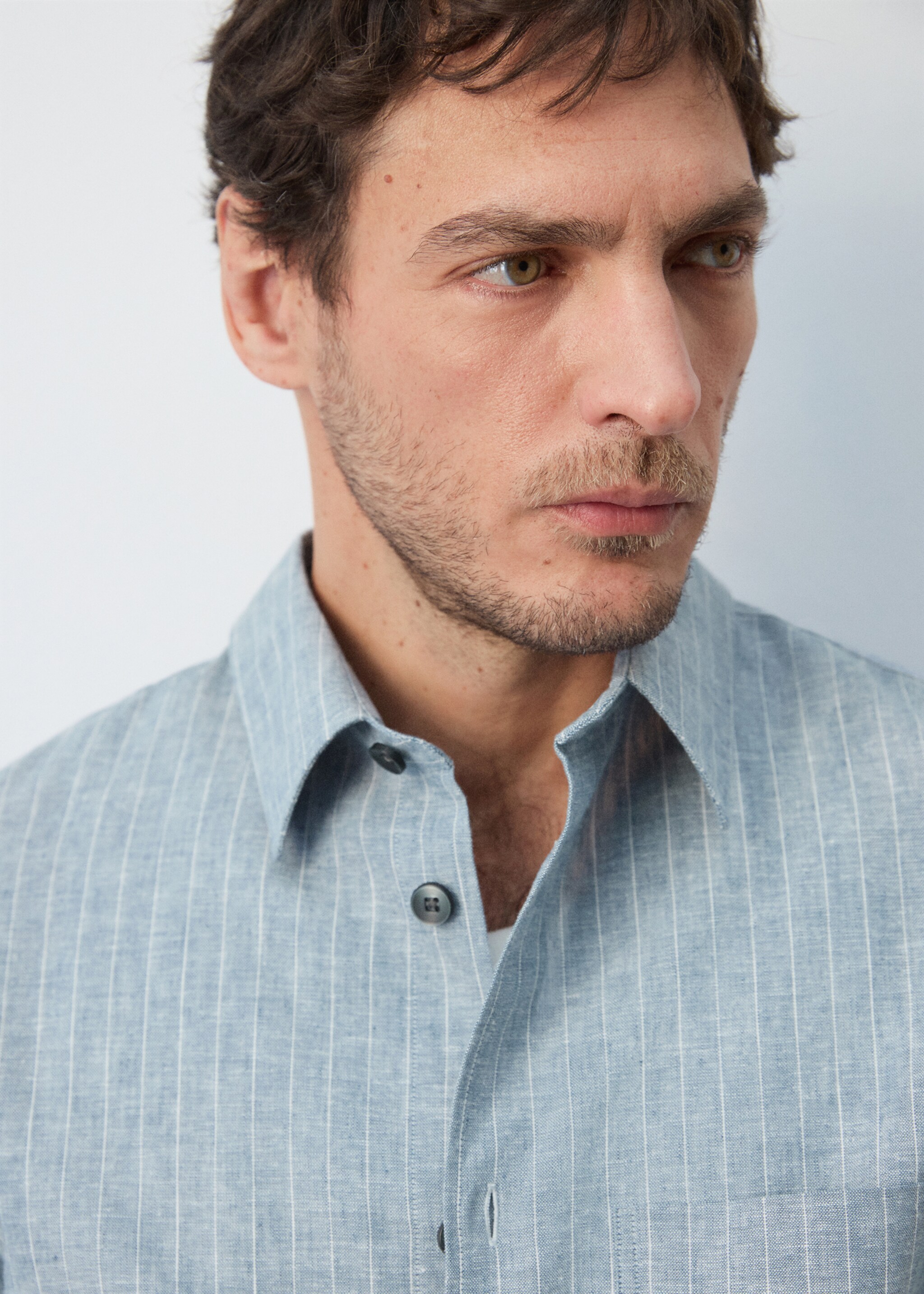 Linen and cotton blend stripe shirt - Details of the article 1, Navy. Ref: 27066710-00.