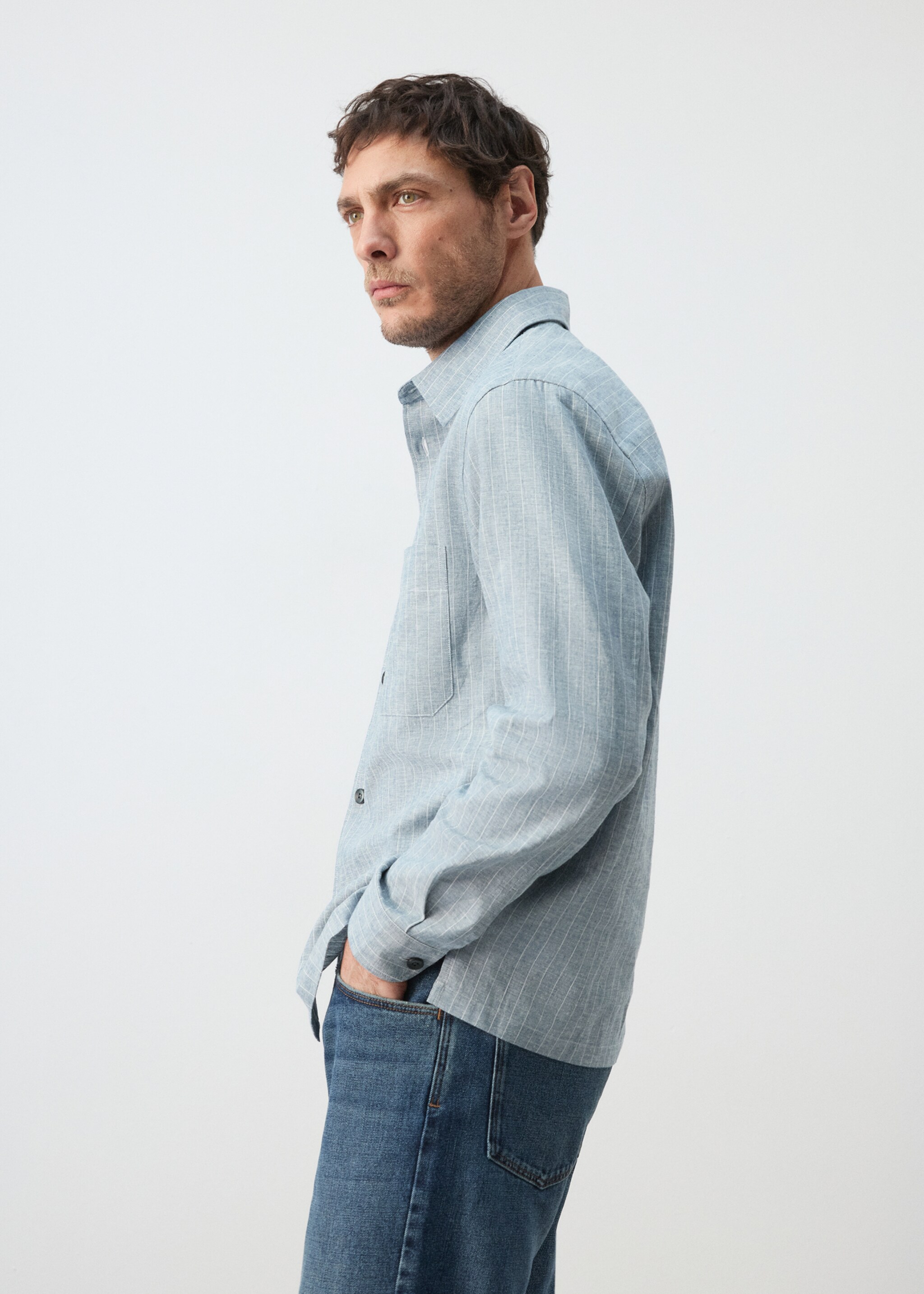 Linen and cotton blend stripe shirt - Details of the article 6, Navy. Ref: 27066710-00.