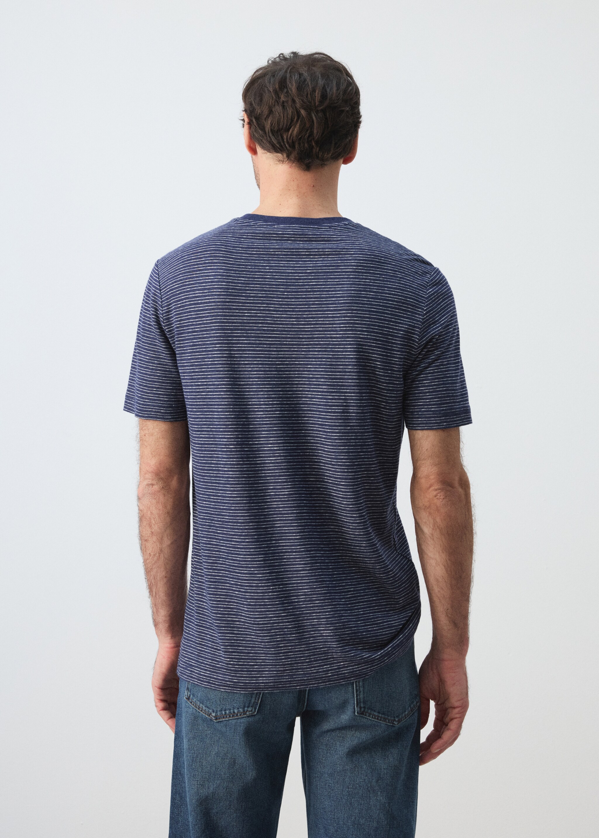 T-shirt lin slim-fit rayures - Verso de l’article, Bleu encre. Ref: 27067896-00.