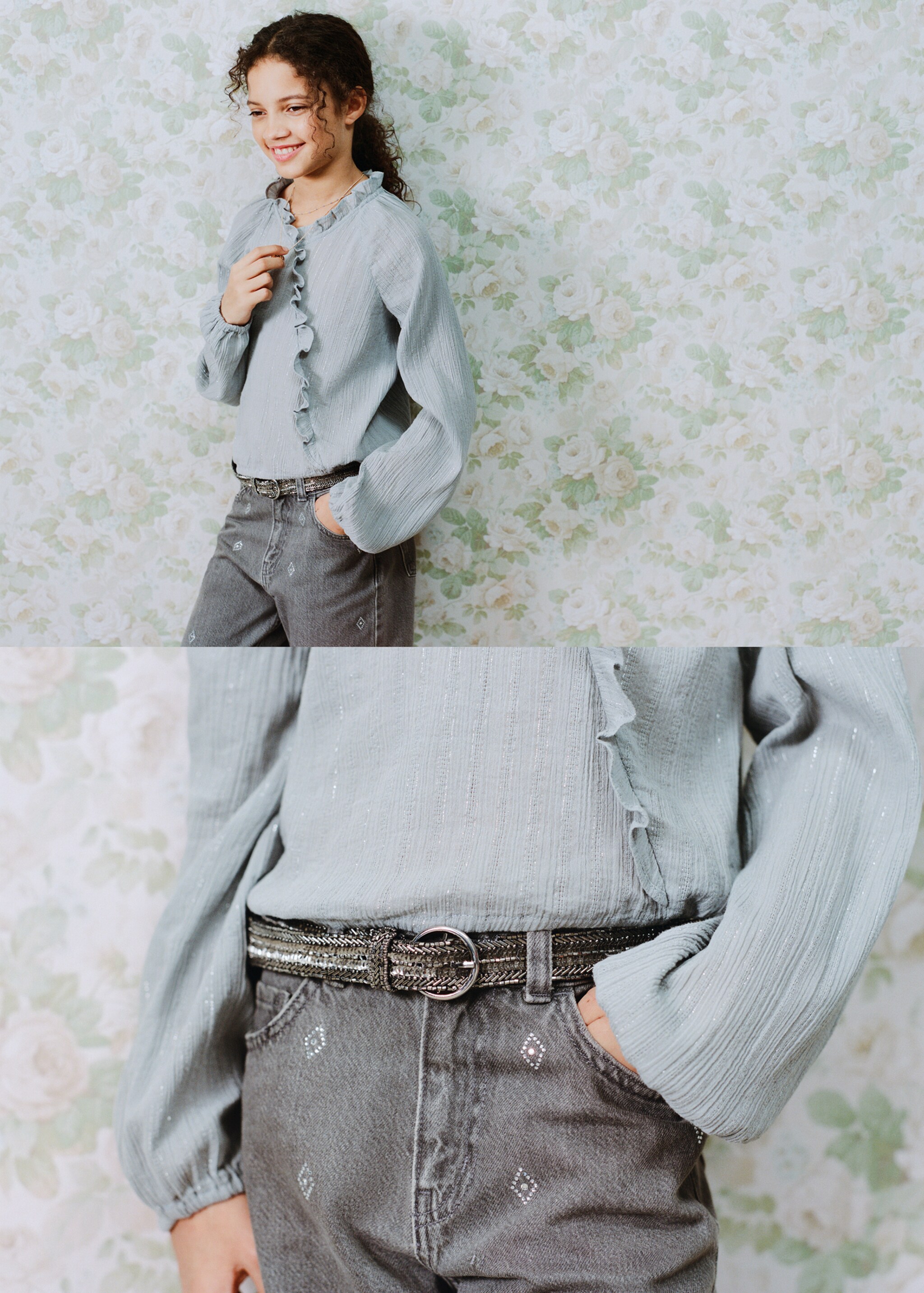 Ruffled lurex blouse - Details of the article 1, Blue. Ref: 27071169-00.