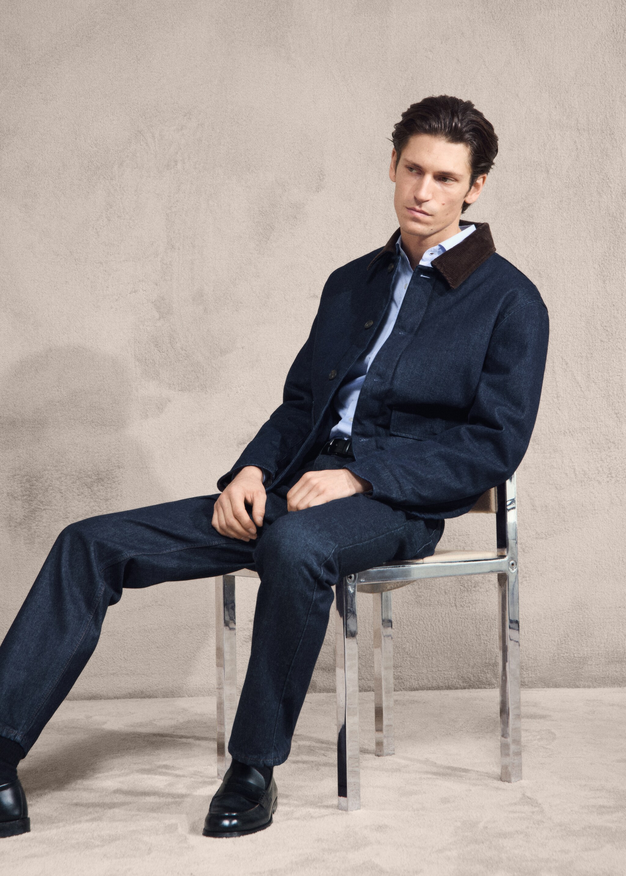 Quilted denim jacket with corduroy collar - Details of the article 3, Open Blue. Ref: 27071188-00.