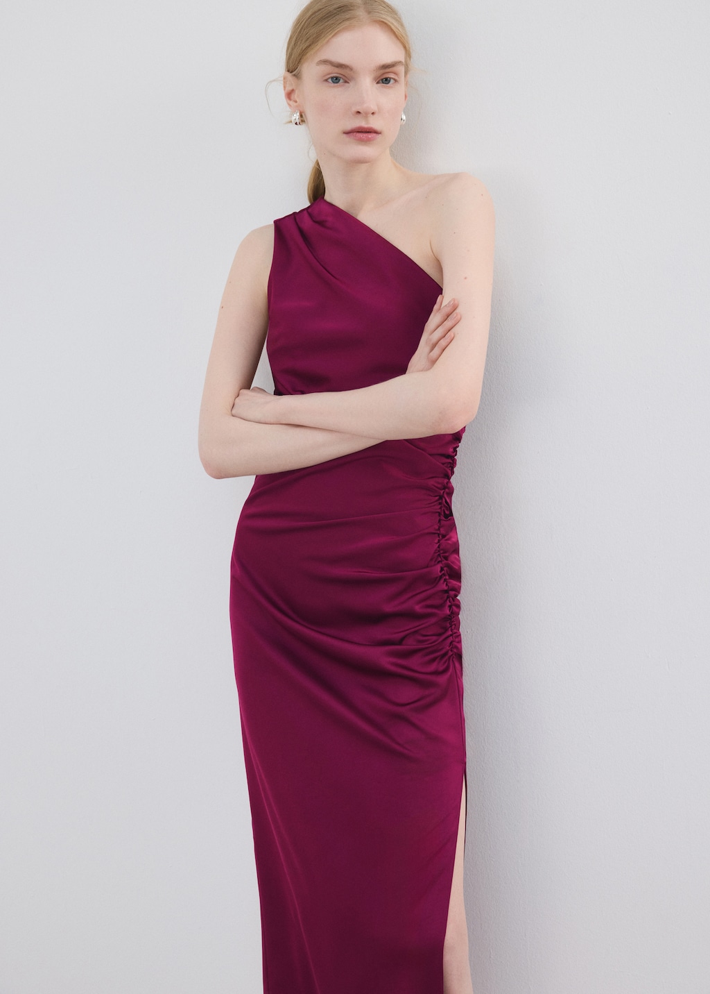 Asymmetrical satin dress with side slits