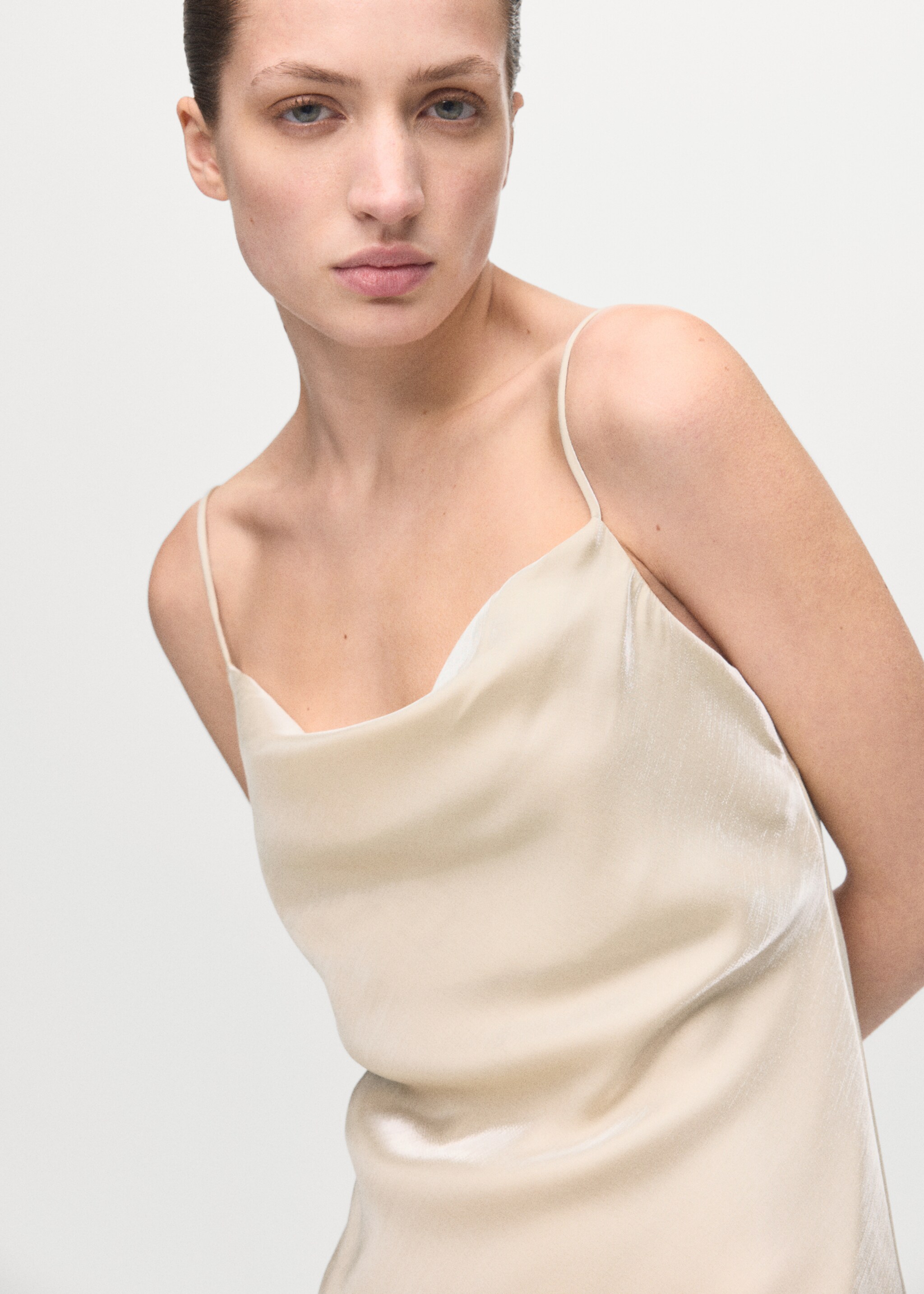 Satin dress with a low-cut neckline - Details of the article 1, Ivory White. Ref: 27071193-00.