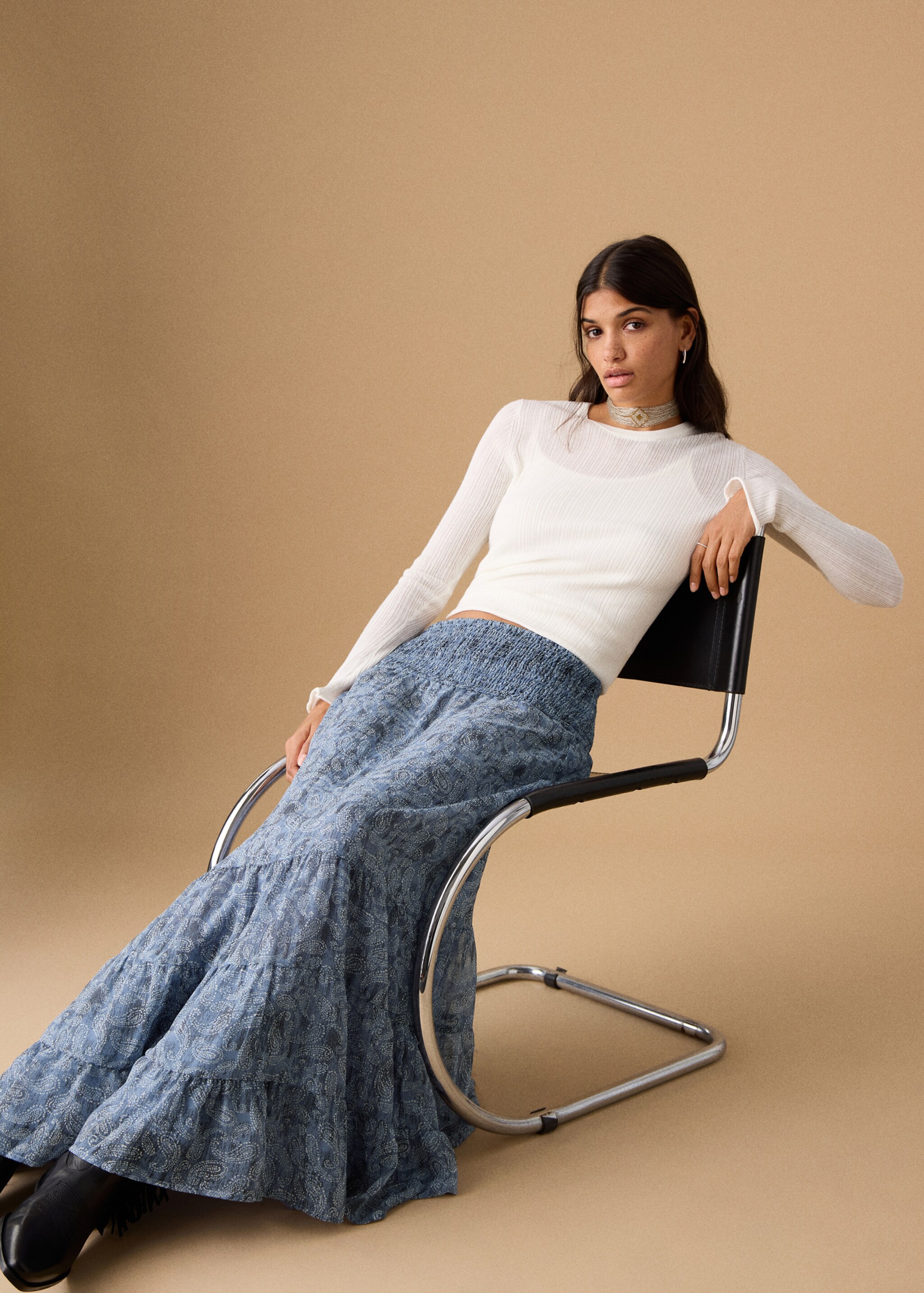 Printed long skirt - Details of the article 2, Sky Blue. Ref: 27071220-00.