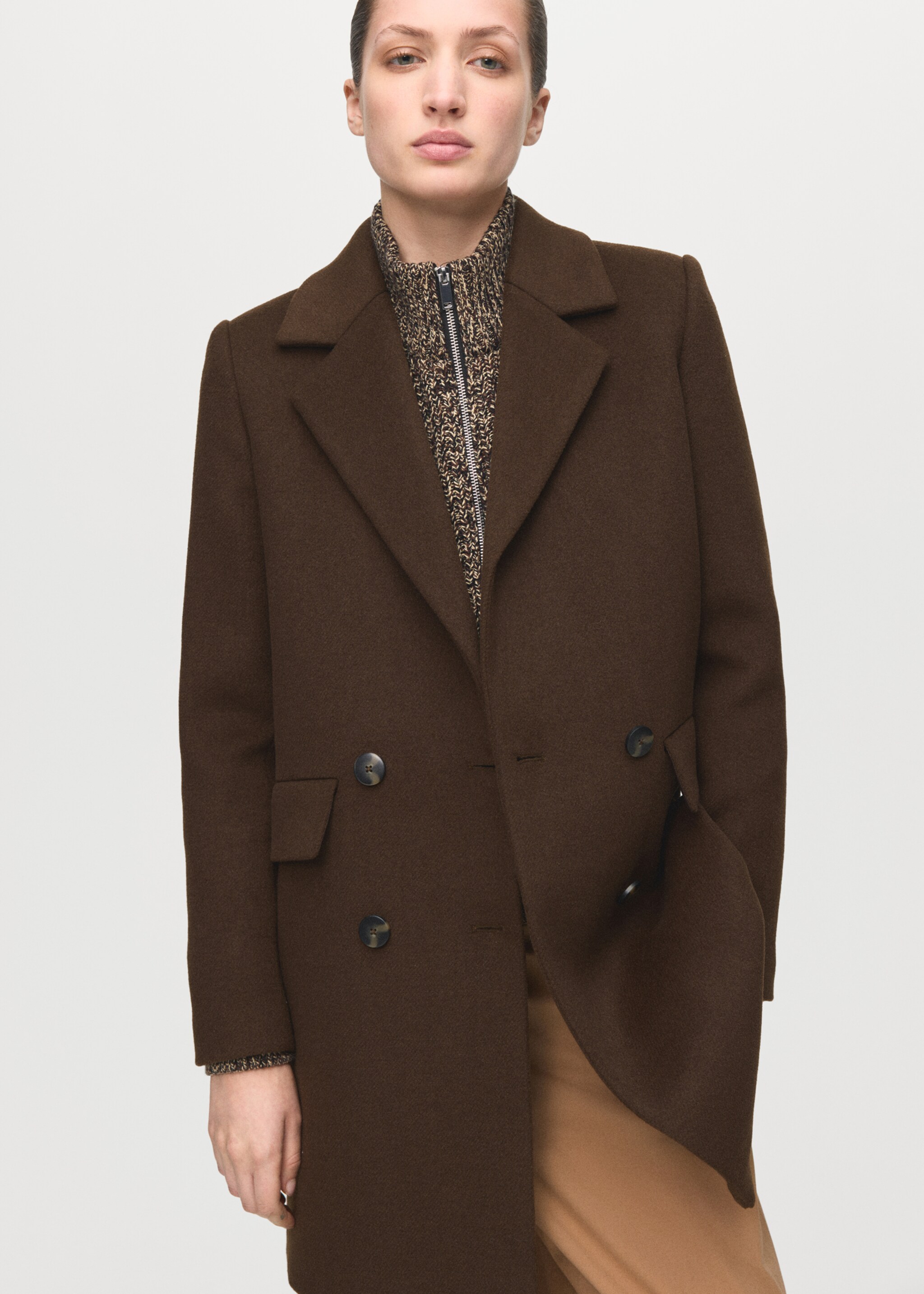 Double-breasted wool blend coat - Medium plane, Chocolate. Ref: 27071240-00.