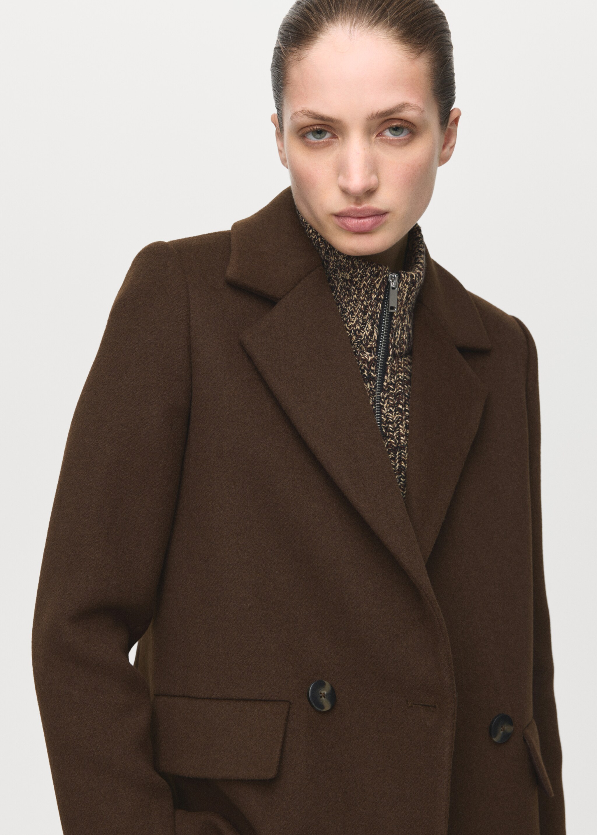Double-breasted wool blend coat - Details of the article 1, Chocolate. Ref: 27071240-00.