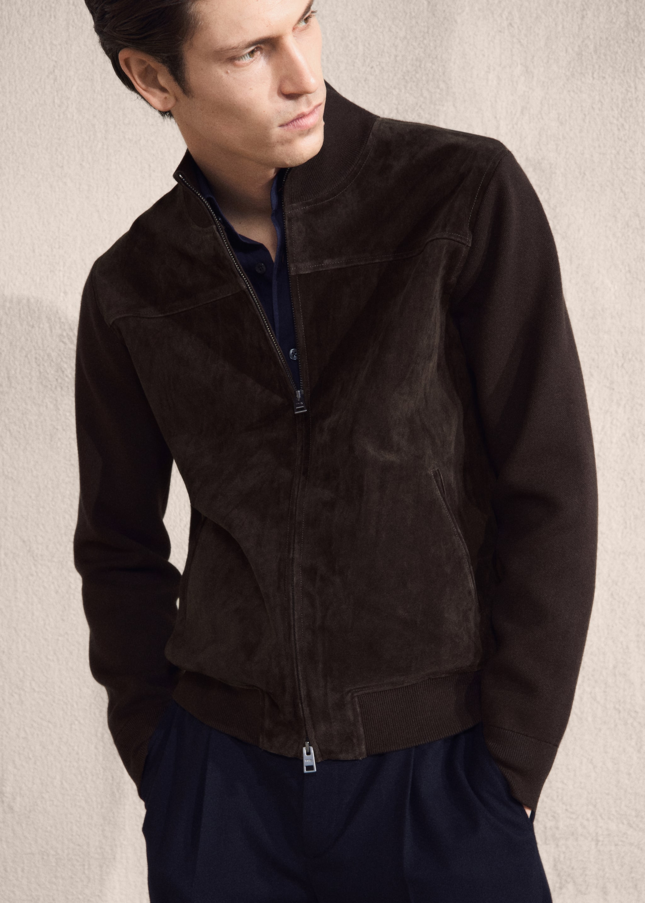 Combined leather and suede jacket - Details of the article 3, Chocolate. Ref: 27071242-00.