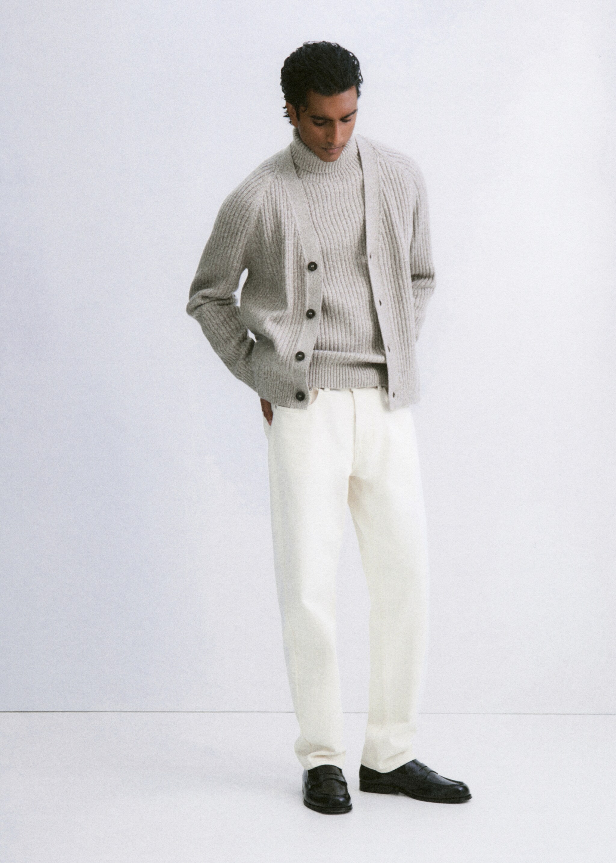 Wool-blend ribbed cardigan - Details of the article 3, Beige. Ref: 27071249-00.