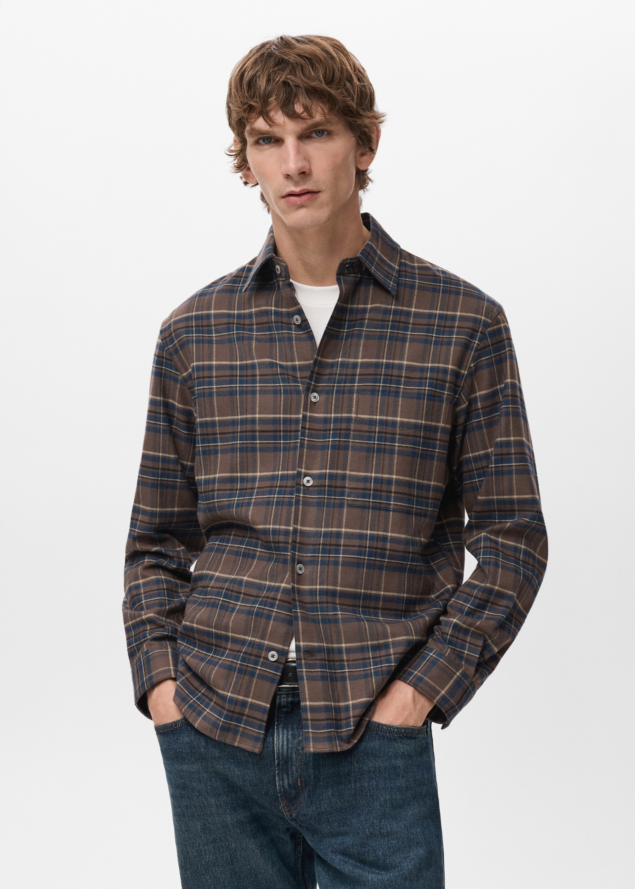 100% cotton flannel checkered shirt - Medium plane, Tobacco Brown. Ref: 27071254-00.