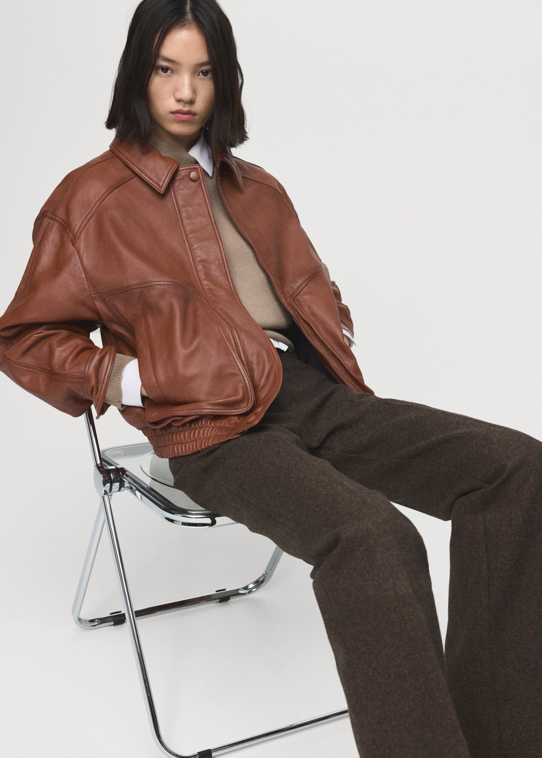 Oversized leather jacket - Details of the article 2, Cognac. Ref: 27071285-00.