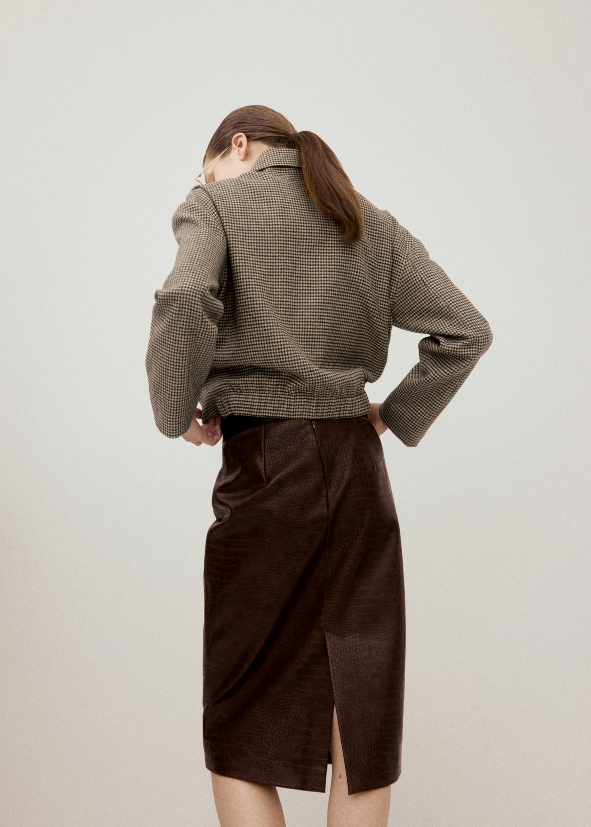 Jupe midi cuir synthétique croco - Verso de l’article, Marron. Ref: 27071296-00.