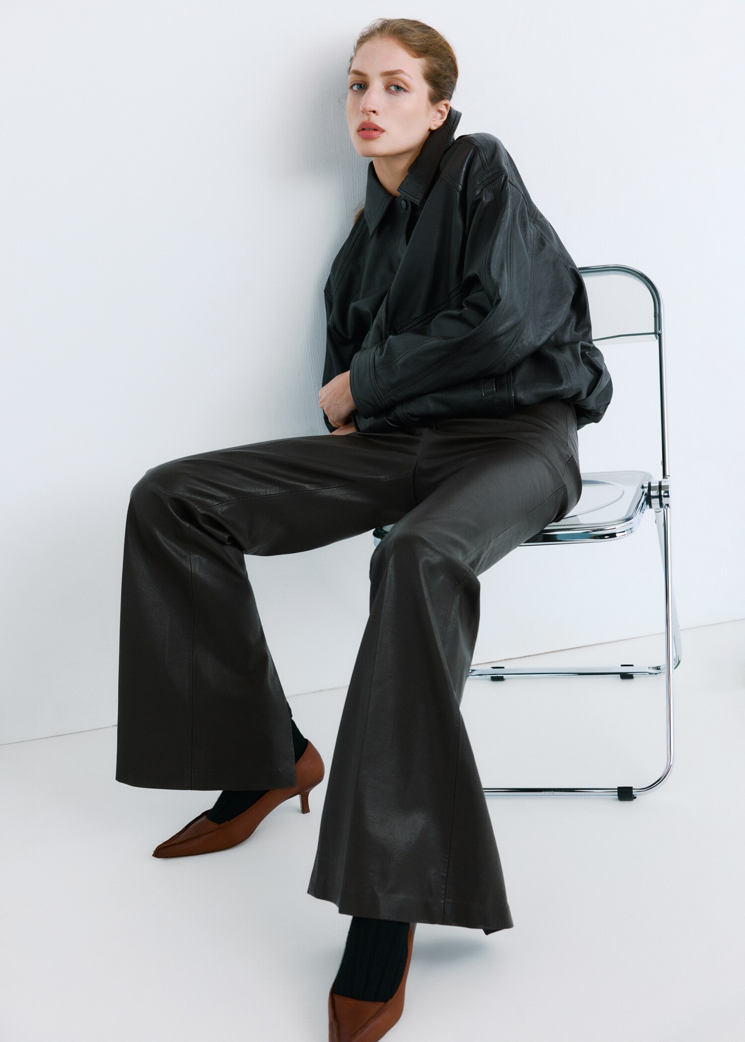 بنطلون واسع الساق بتأثير الجلد - تفاصيل المنتج 1