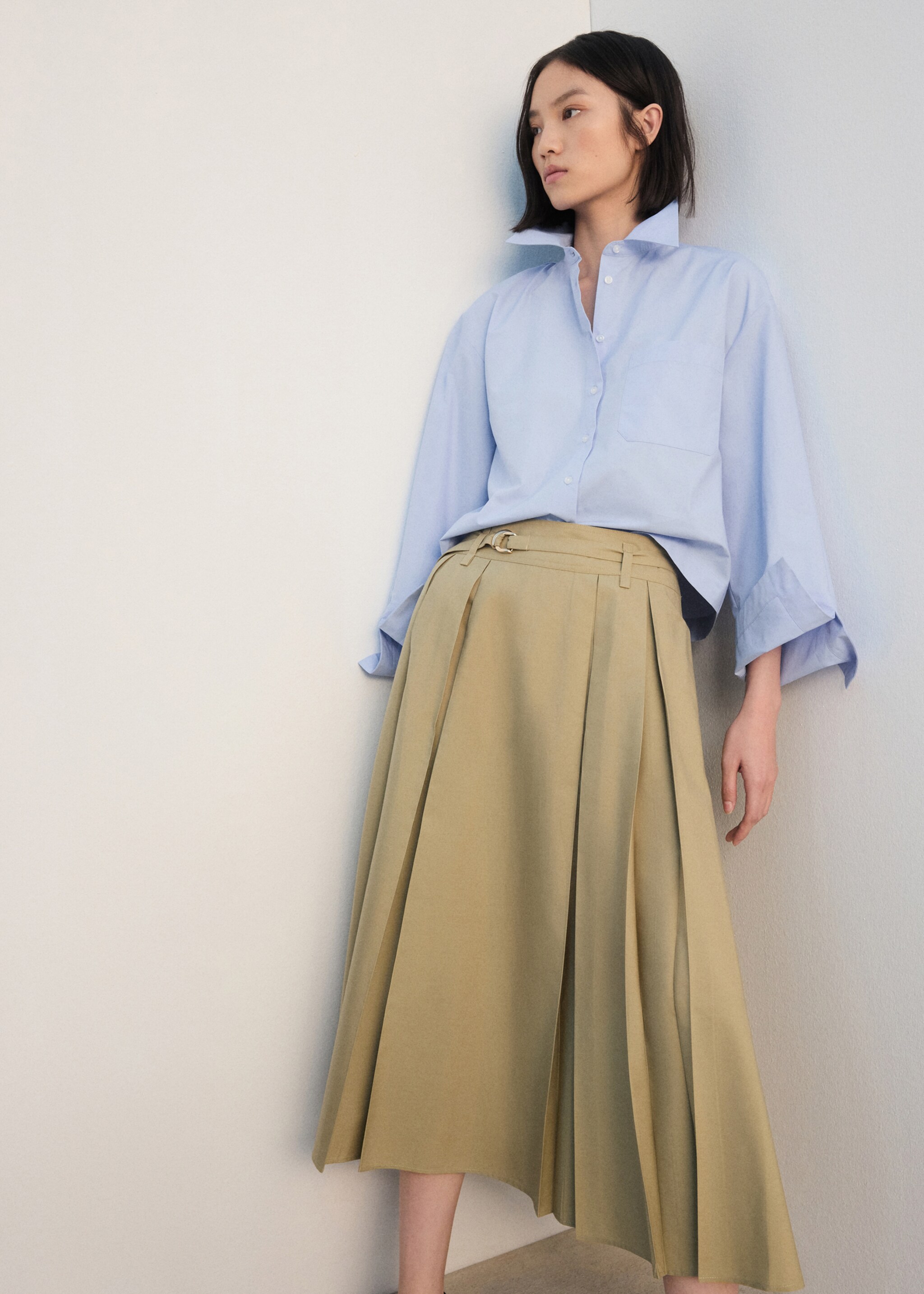 A-line pleated skirt with belt - Details of the article 2, Medium Brown. Ref: 27072537-00.