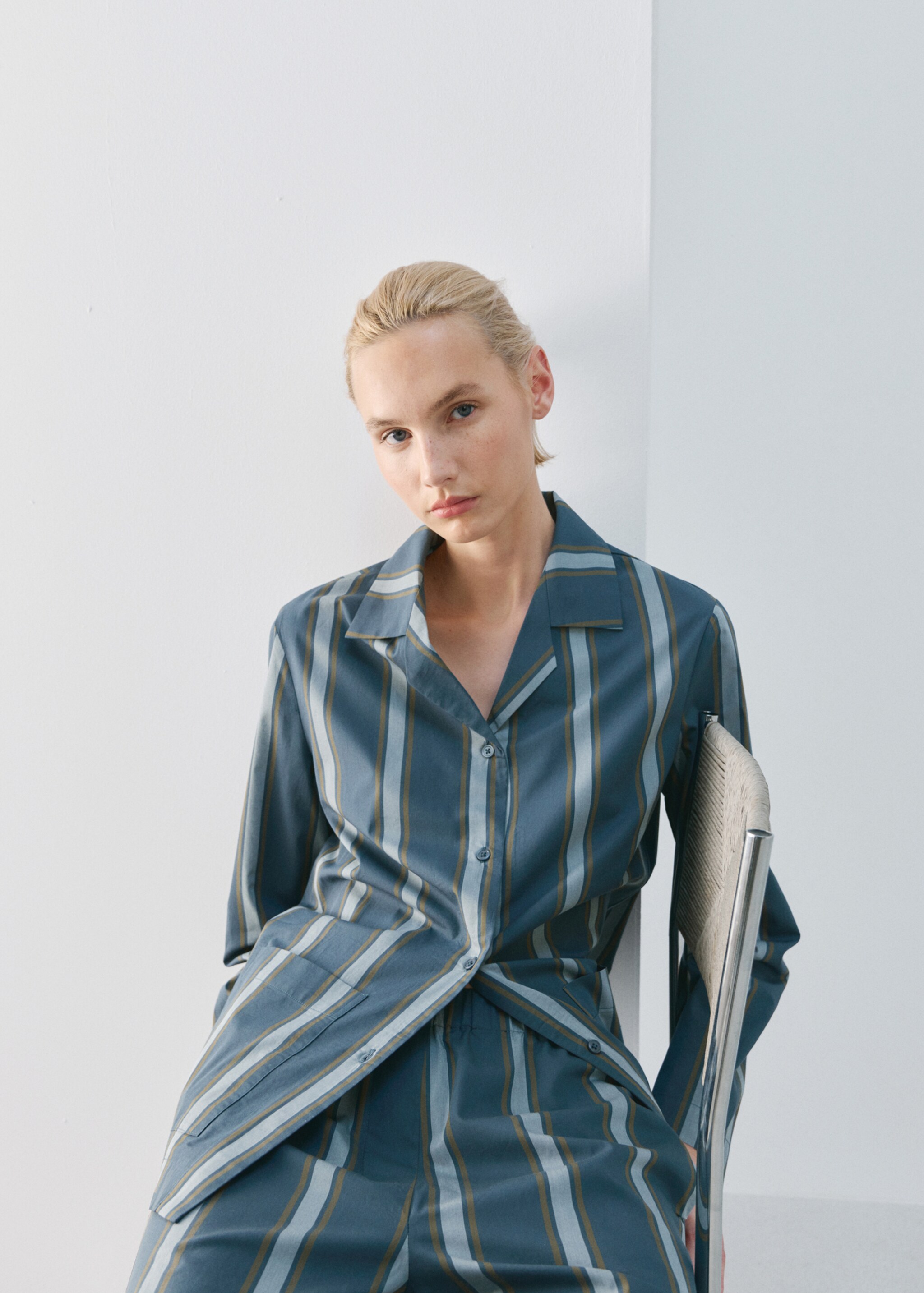 Long-sleeve striped pajama shirt - Medium plane, Turquoise. Ref: 27073324-00.