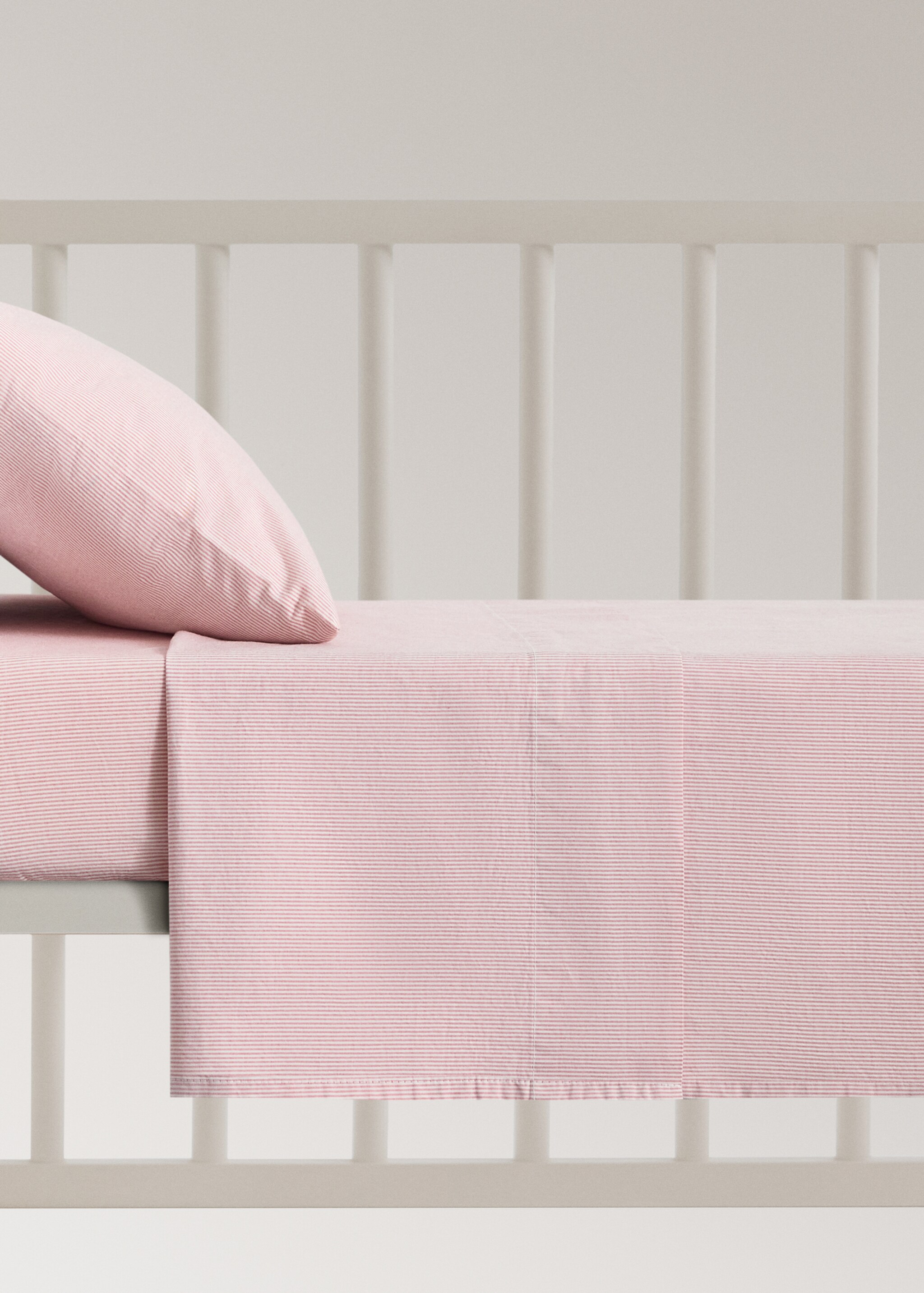 Cot bed top sheet fine striped yarn-dyed cotton - Article without model, Grapefruit. Ref: 27074056-00.