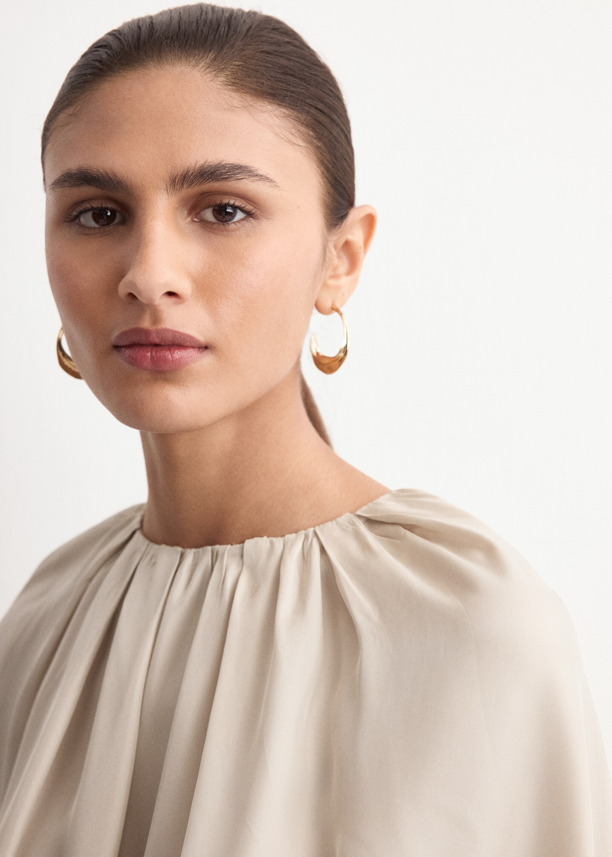 Blouse with gathered neckline and slits - Details of the article 1, Light/Pastel Grey. Ref: 27074088-00.