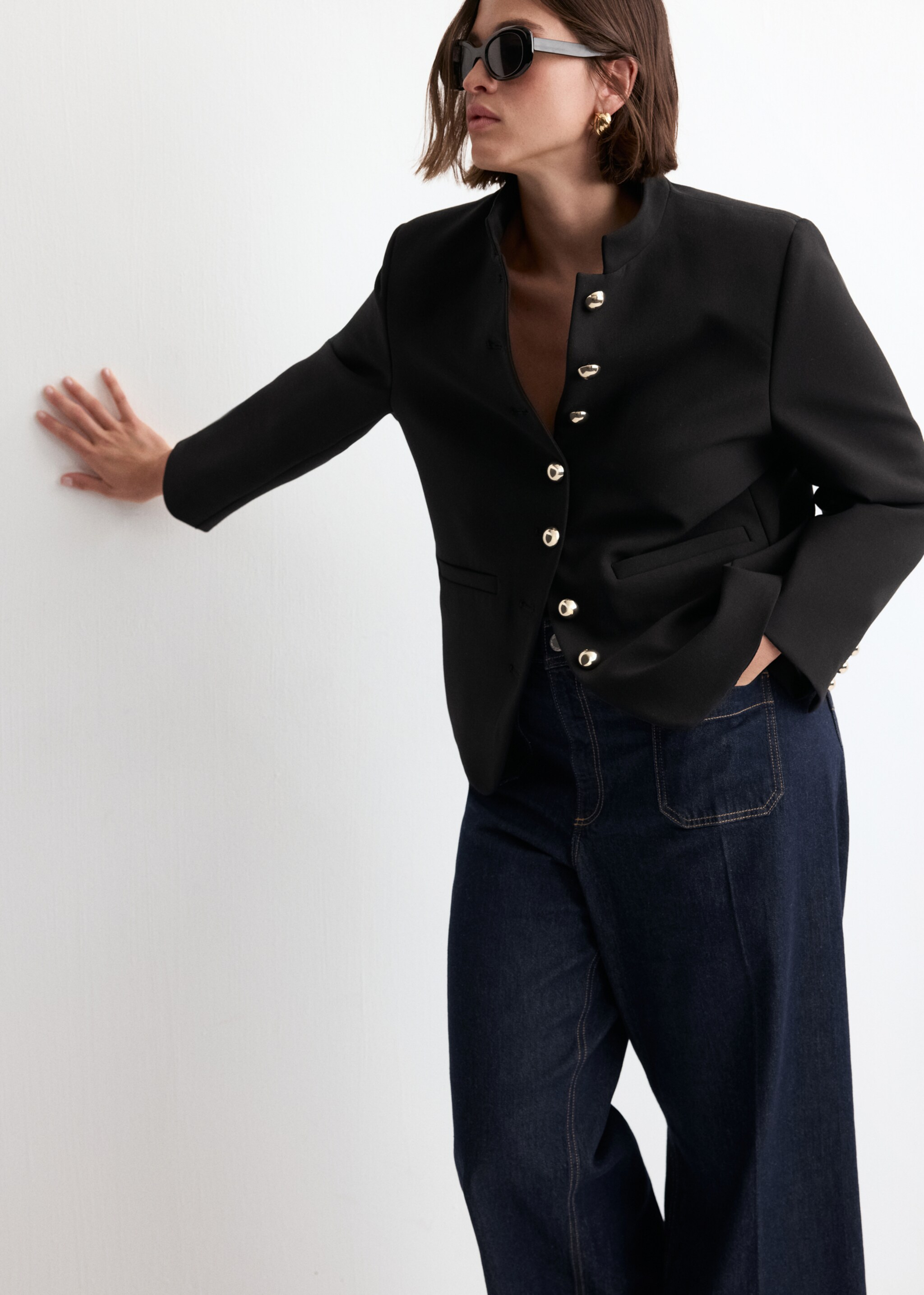 Jacket with jewel-button strip collar - Details of the article 4, Black. Ref: 27074101-00.