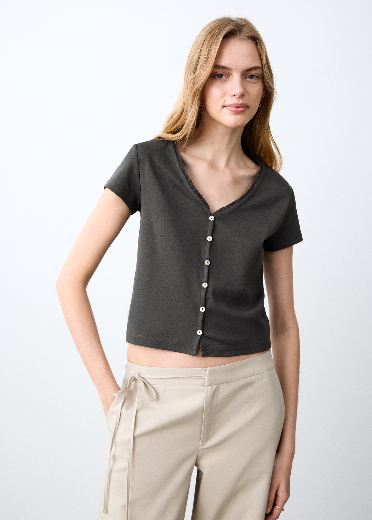 Buttoned cotton T-shirt - Medium plane