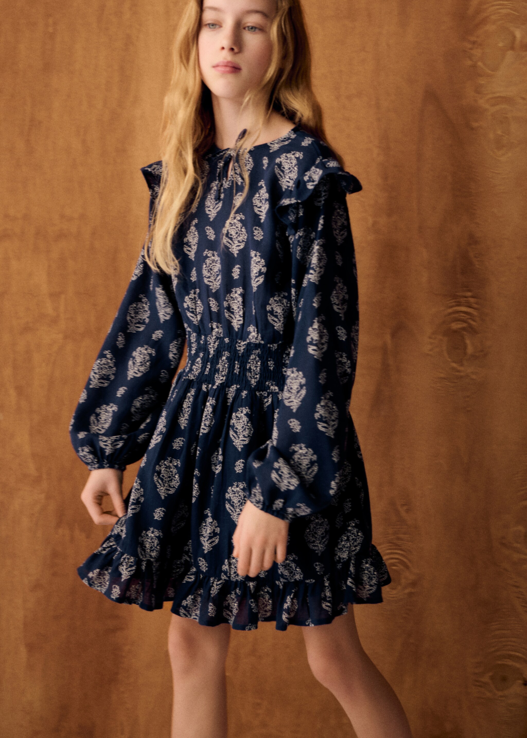 Ruffled printed dress - Details of the article 5, Navy. Ref: 27074422-00.