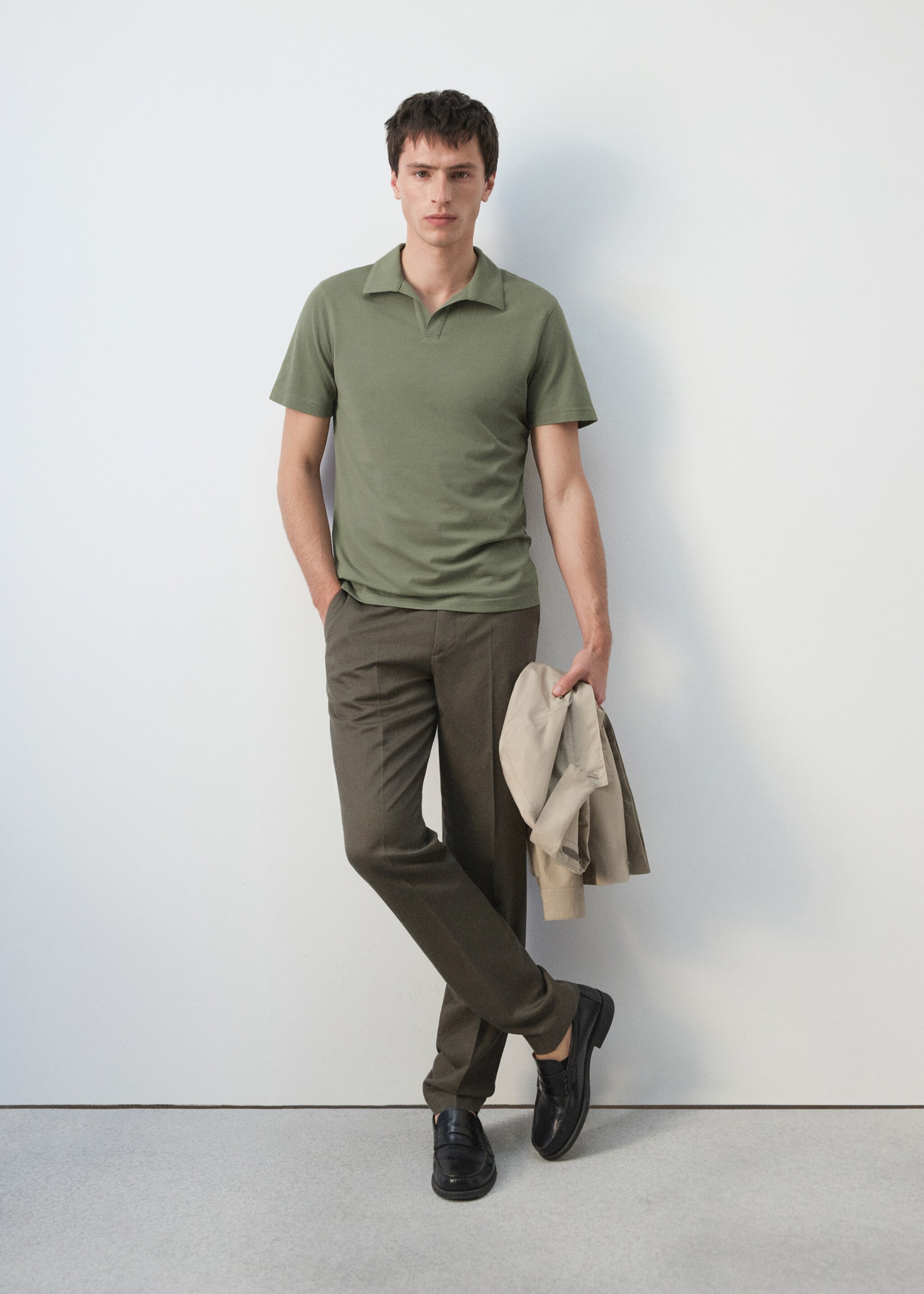Slim fit piqué polo - Details of the article 6, Khaki. Ref: 27074430-00.