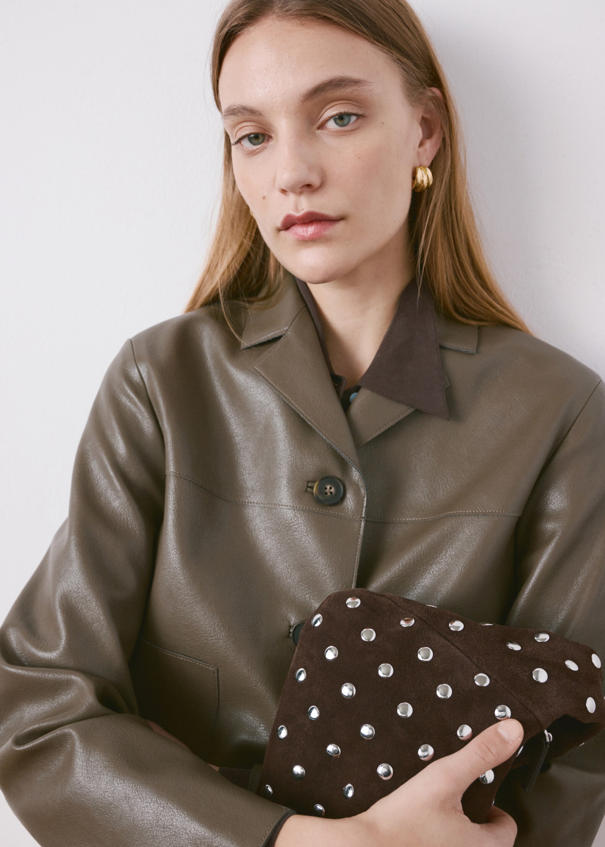 Faux-leather jacket with pockets - Details of the article 1, Olive Green. Ref: 27074780-00.