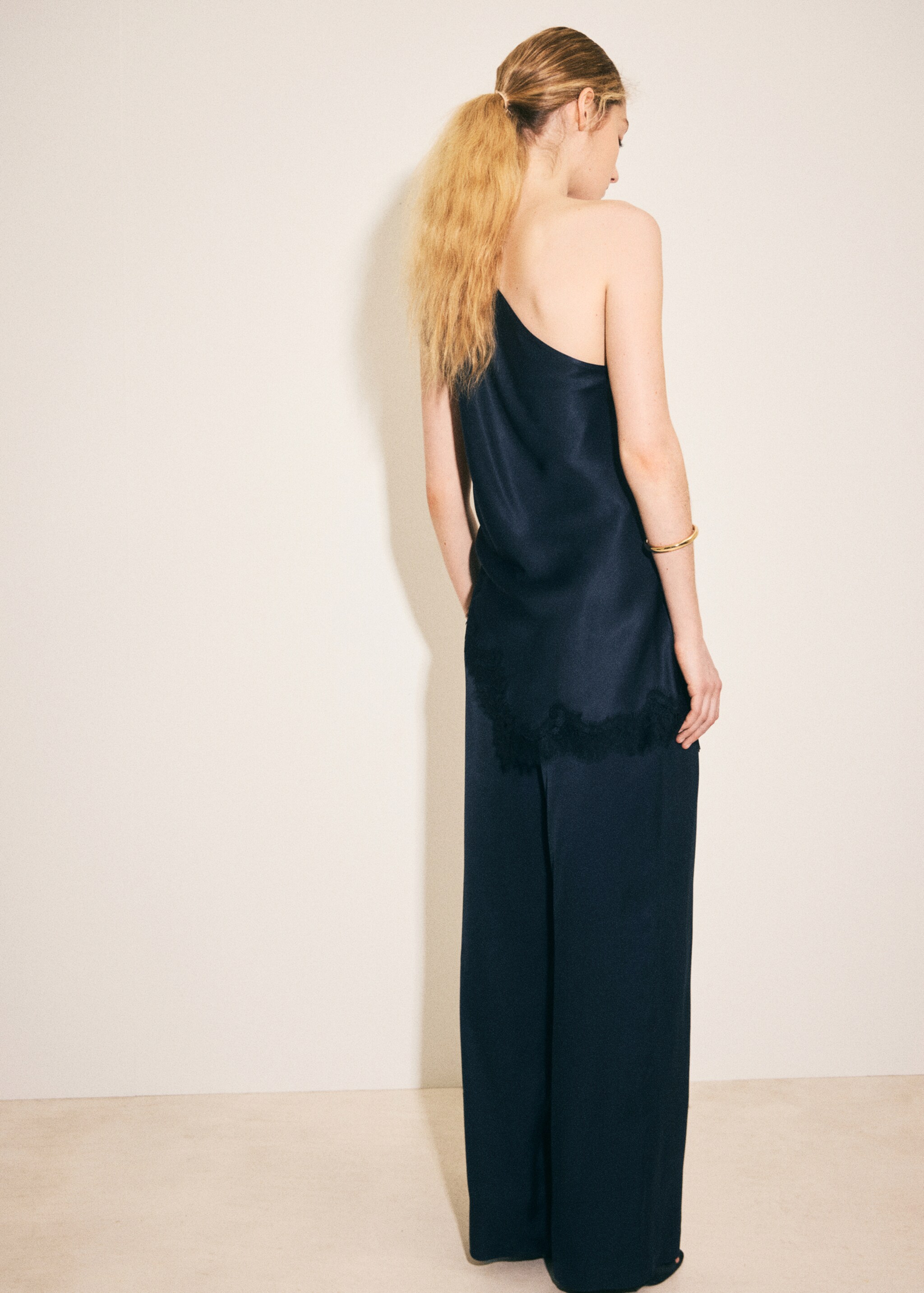 Satin straight-fit trousers - Reverse of the article, Blue. Ref: 27075836-00.