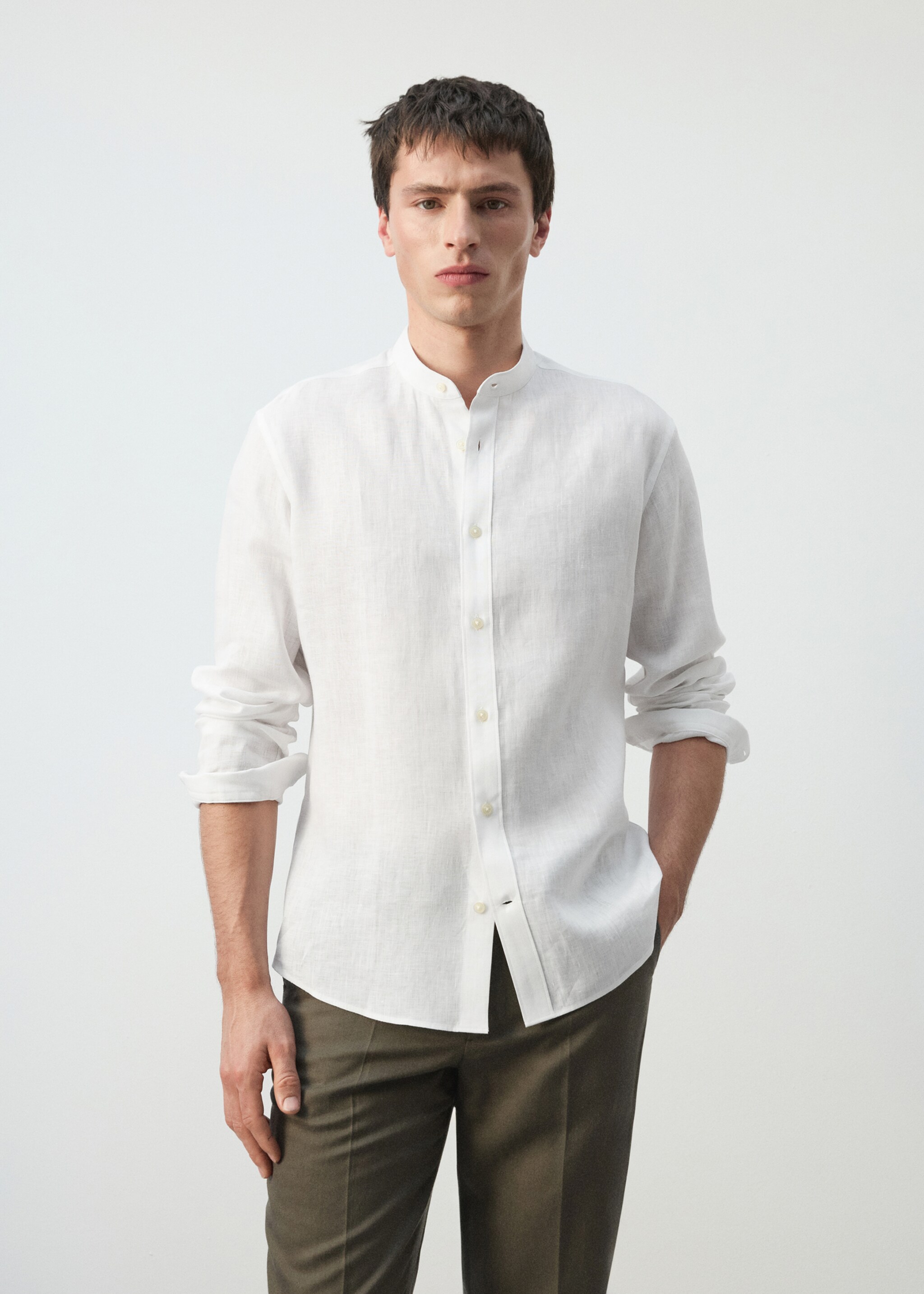 100% linen Mao collar shirt - Medium plane, White. Ref: 27075937-00.