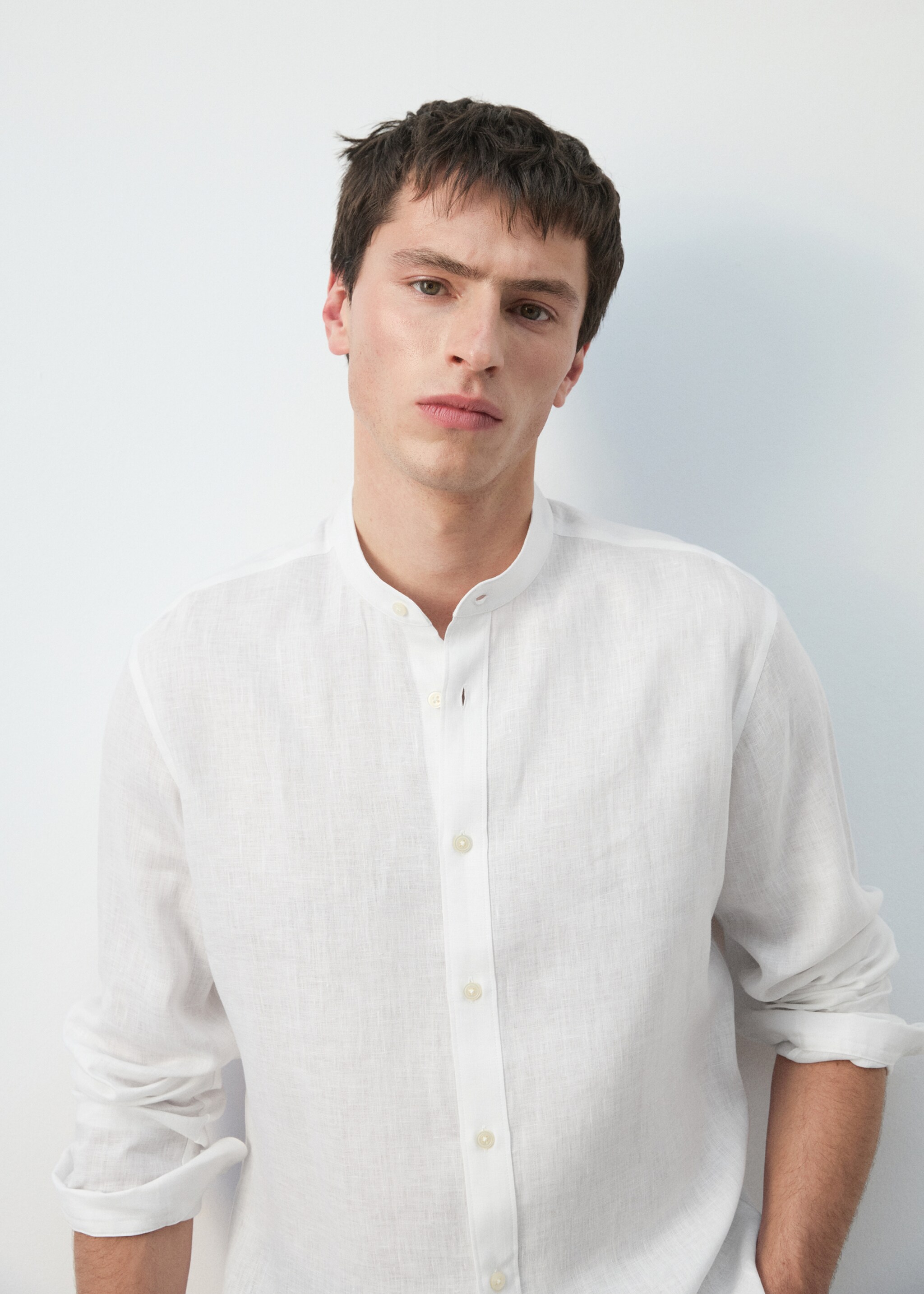 100% linen Mao collar shirt - Details of the article 1, White. Ref: 27075937-00.