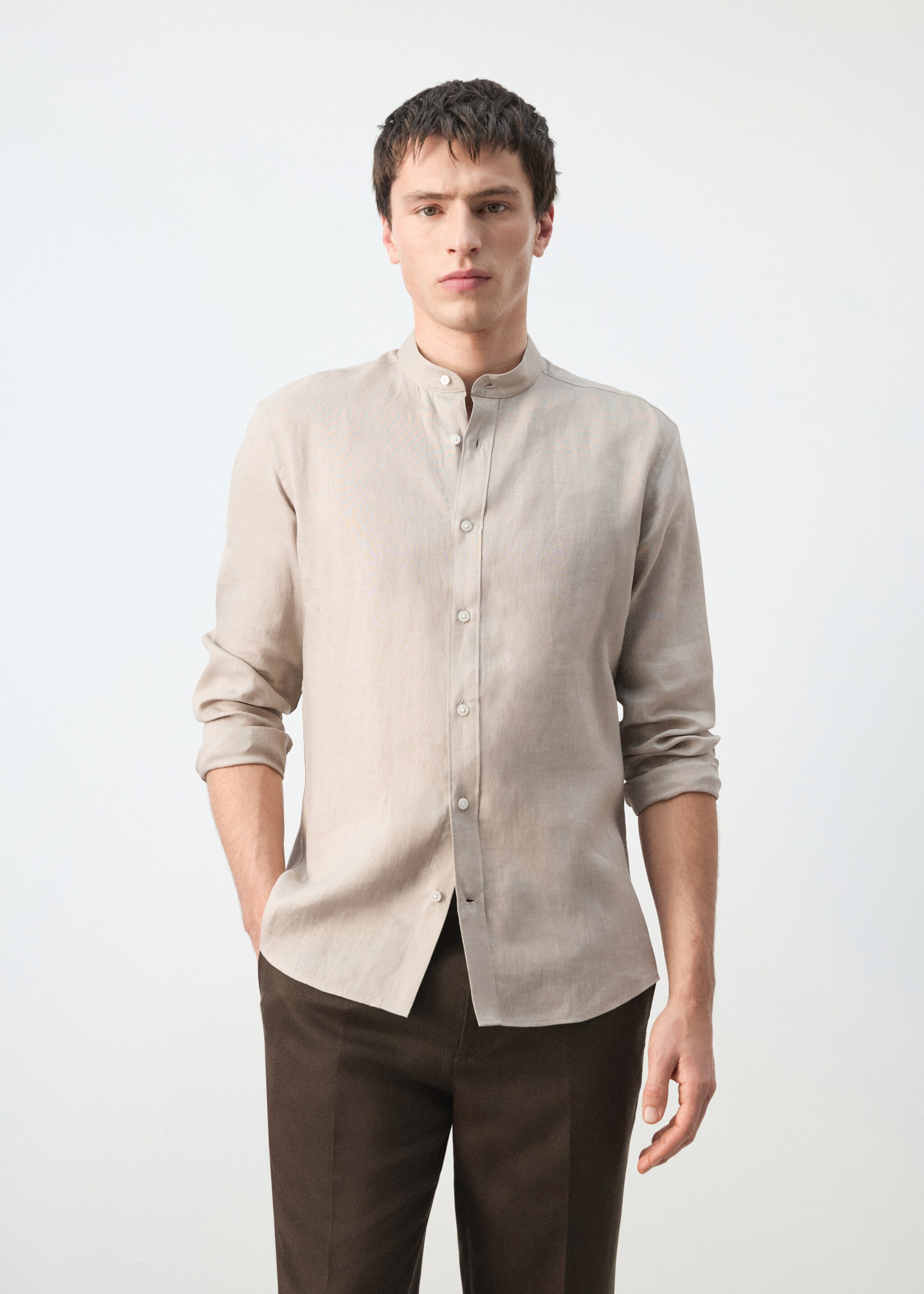 100% linen Mao collar shirt - Medium plane, Sand. Ref: 27075937-00.