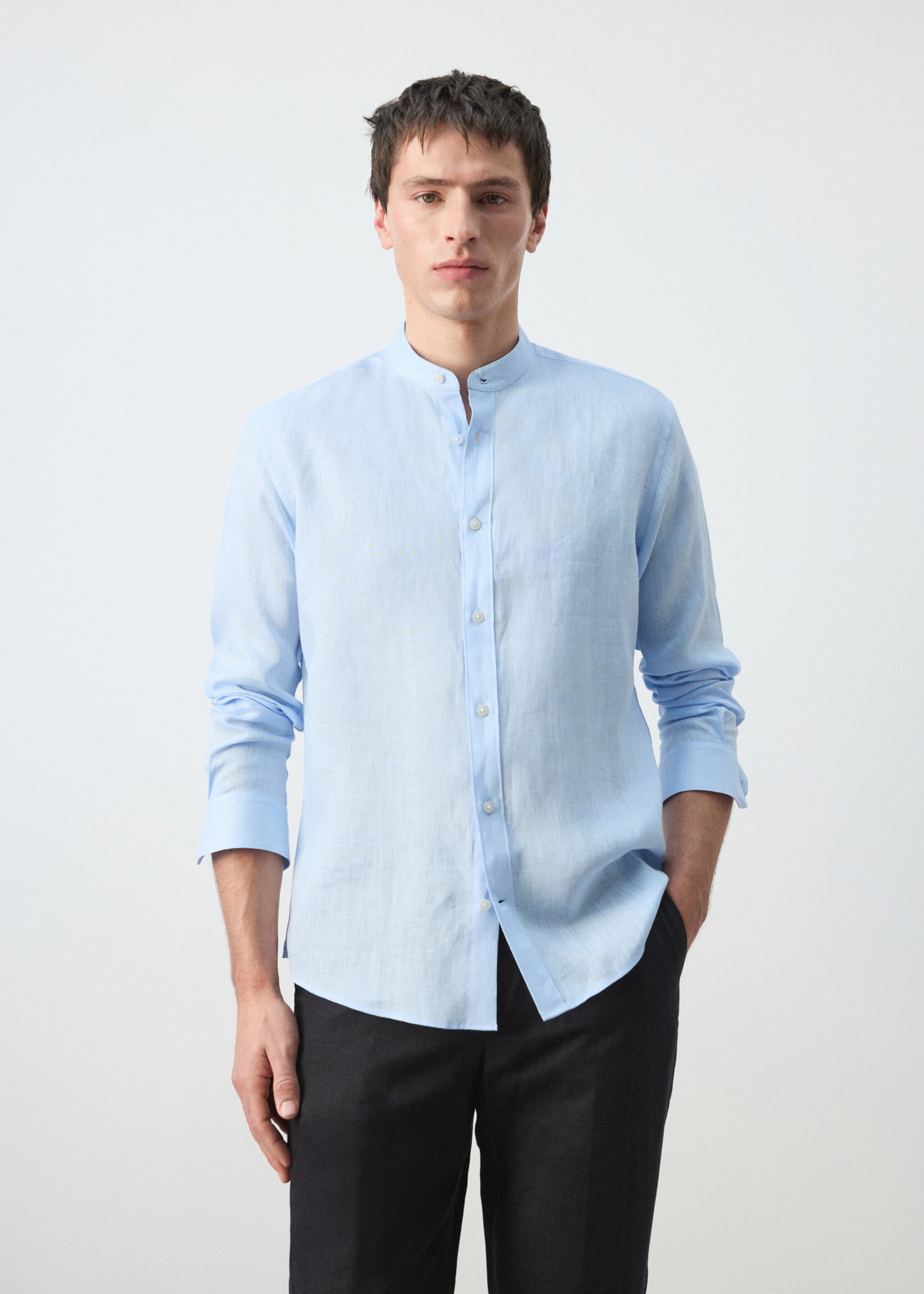100% linen Mao collar shirt - Medium plane, Sky Blue. Ref: 27075937-00.