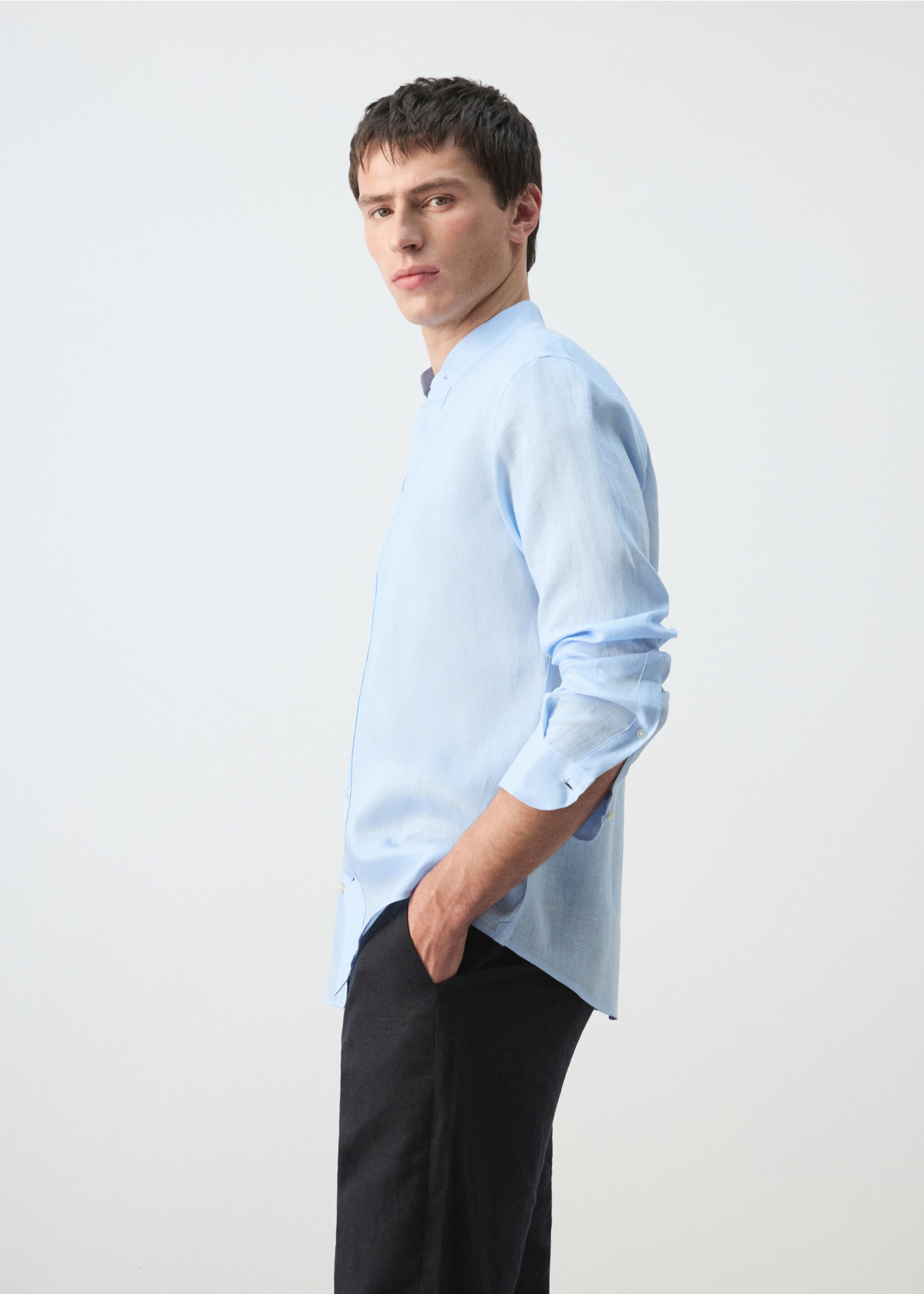 100% linen Mao collar shirt - Details of the article 2, Sky Blue. Ref: 27075937-00.