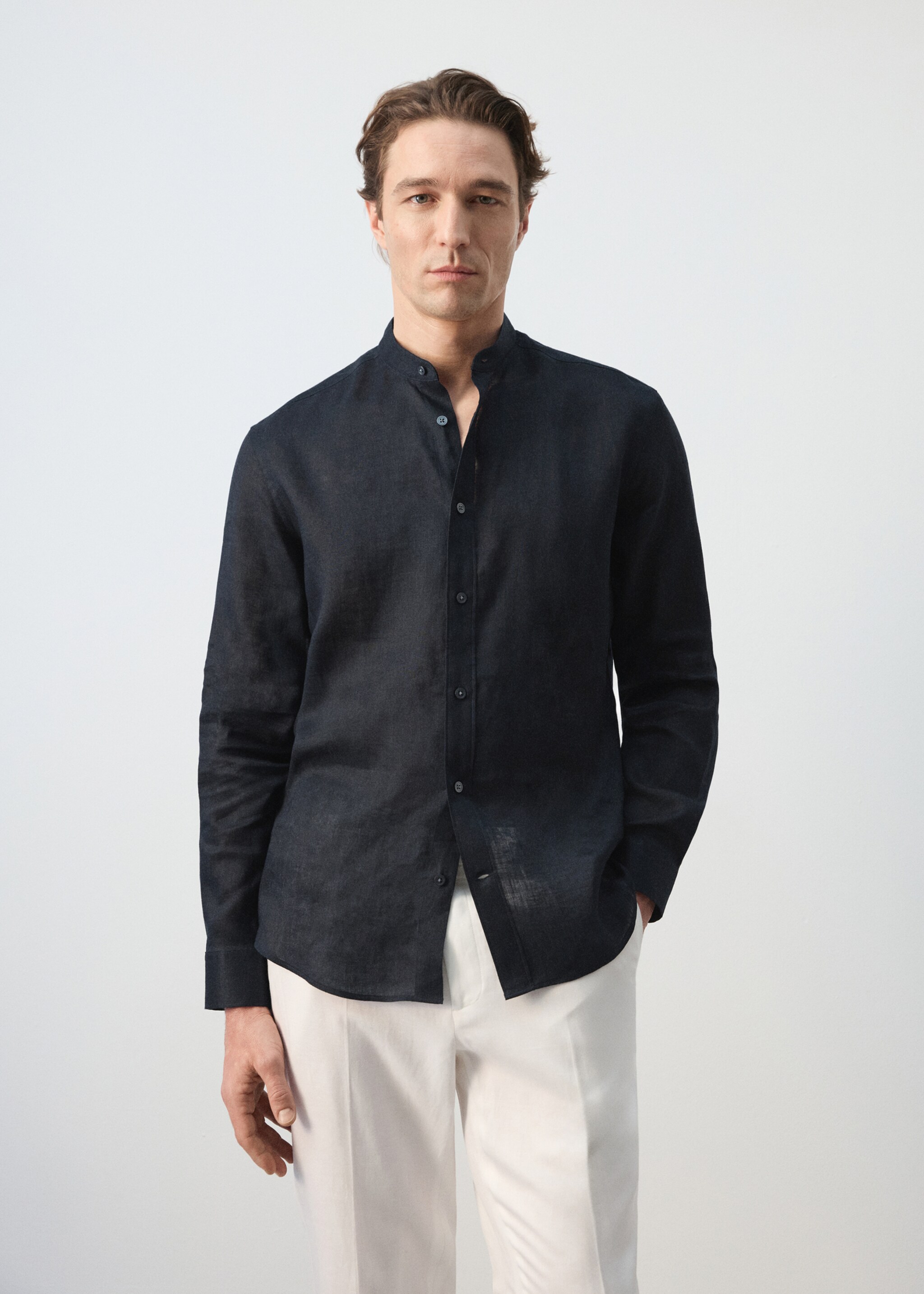 100% linen Mao collar shirt - Medium plane, Navy. Ref: 27075937-00.