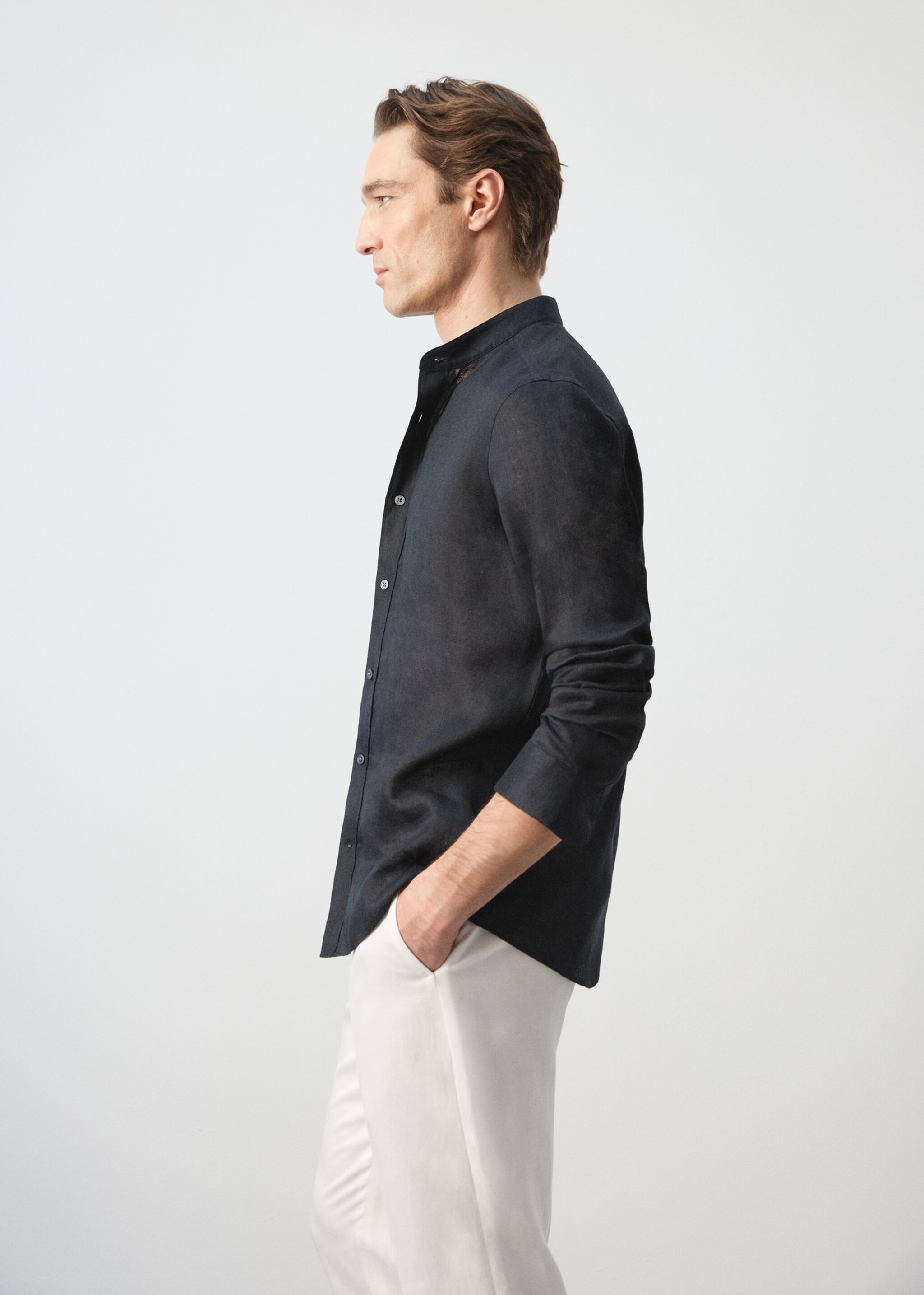 100% linen Mao collar shirt - Details of the article 2, Navy. Ref: 27075937-00.