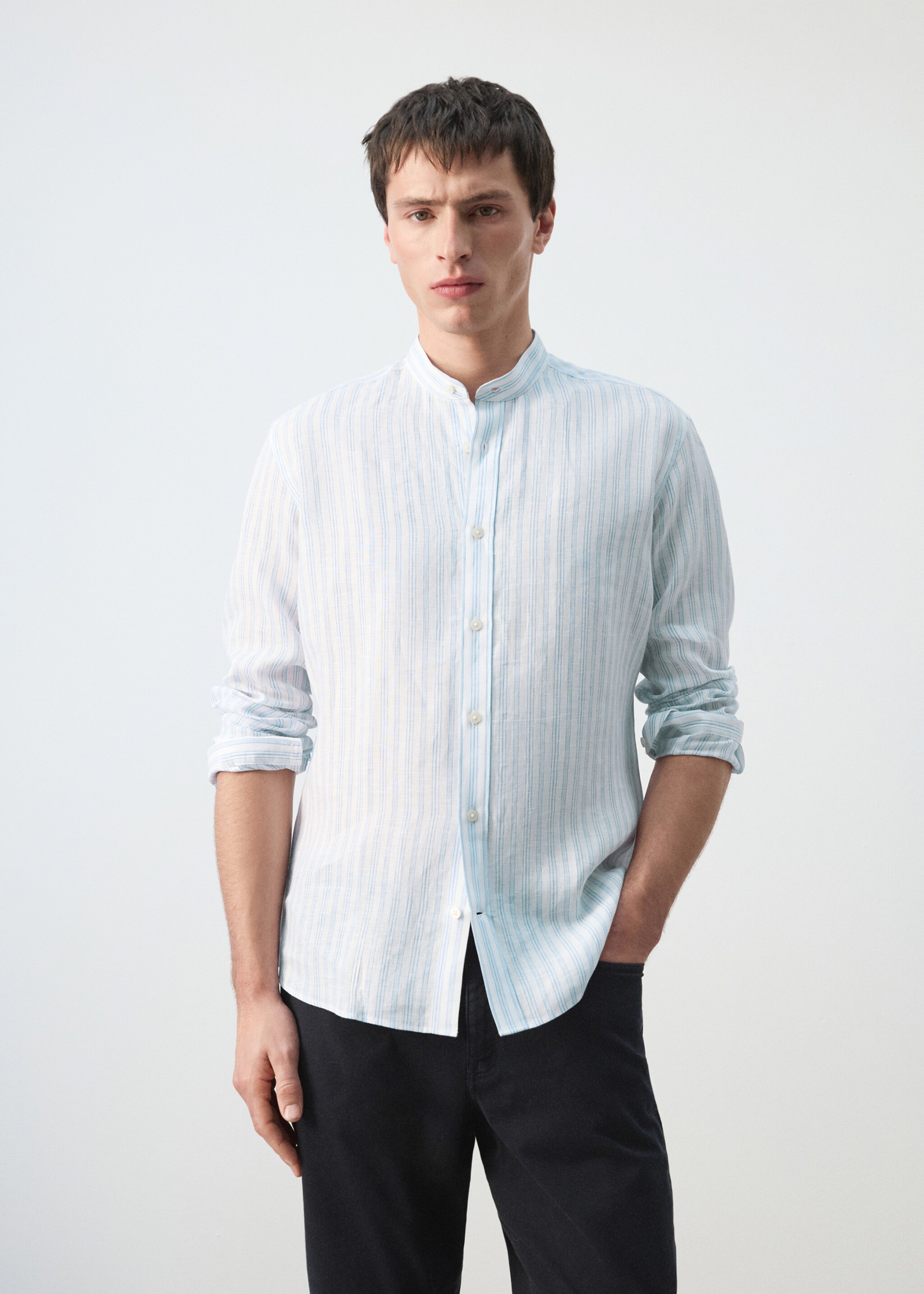 100% linen striped grandad collar shirt - Medium plane, Sky Blue. Ref: 27075938-00.