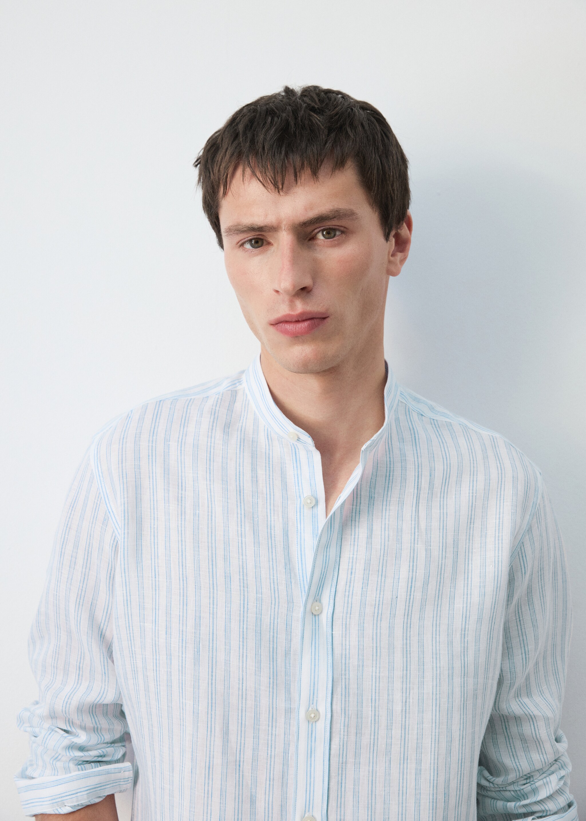 100% linen striped grandad collar shirt - Details of the article 1, Sky Blue. Ref: 27075938-00.