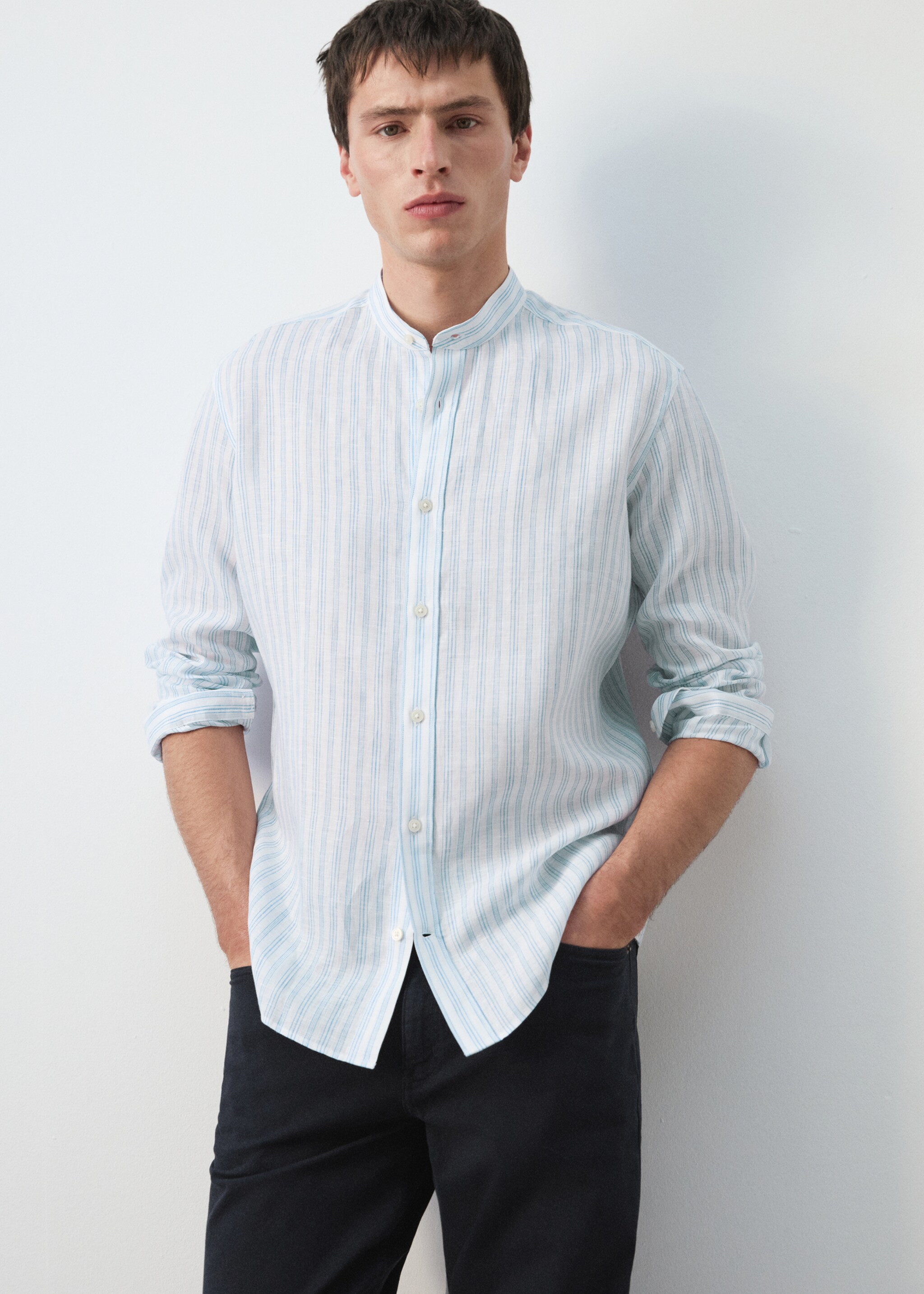 100% linen striped grandad collar shirt - Details of the article 6, Sky Blue. Ref: 27075938-00.
