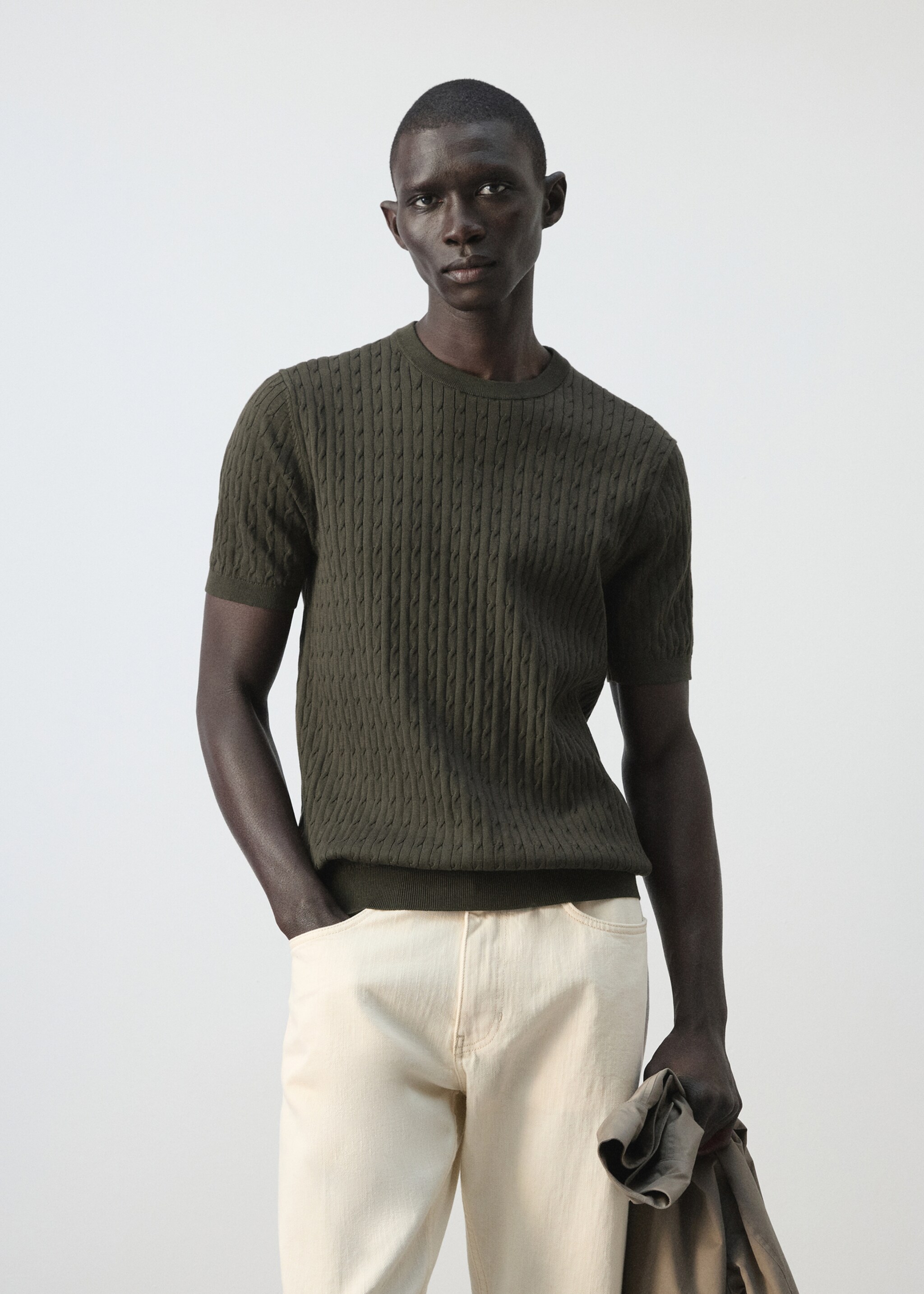 Cable knit T-shirt 100% cotton - Medium plane, Chocolate. Ref: 27075939-00.